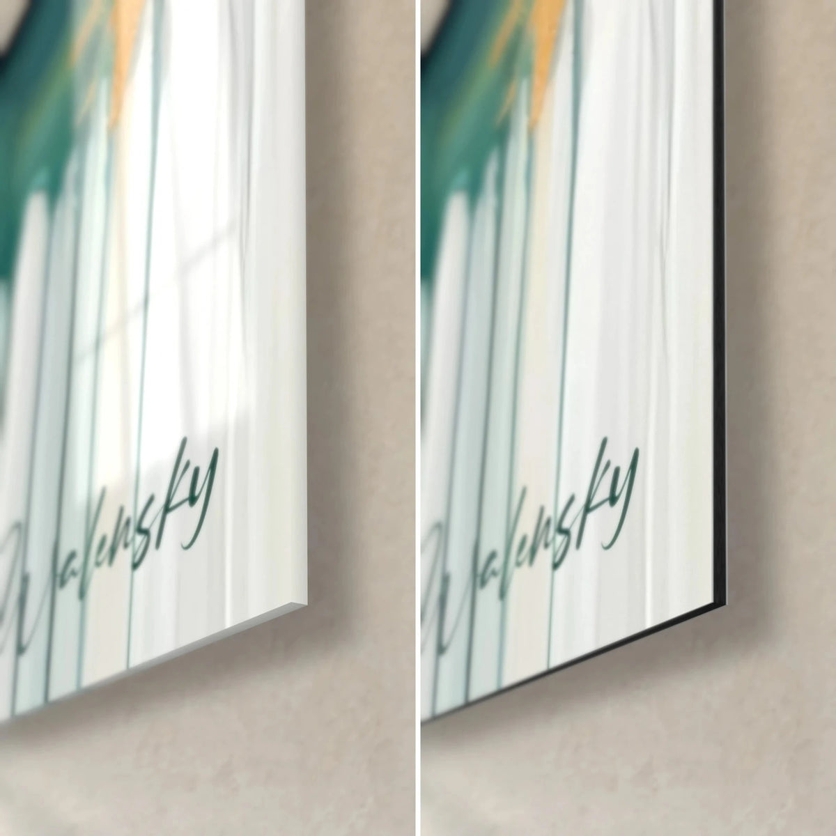 Schilderij in turquoise en goud, rechtsonder hoek: glanzend acrylglas links, mat zwart Dibond-aluminium rechts, 3 mm rand