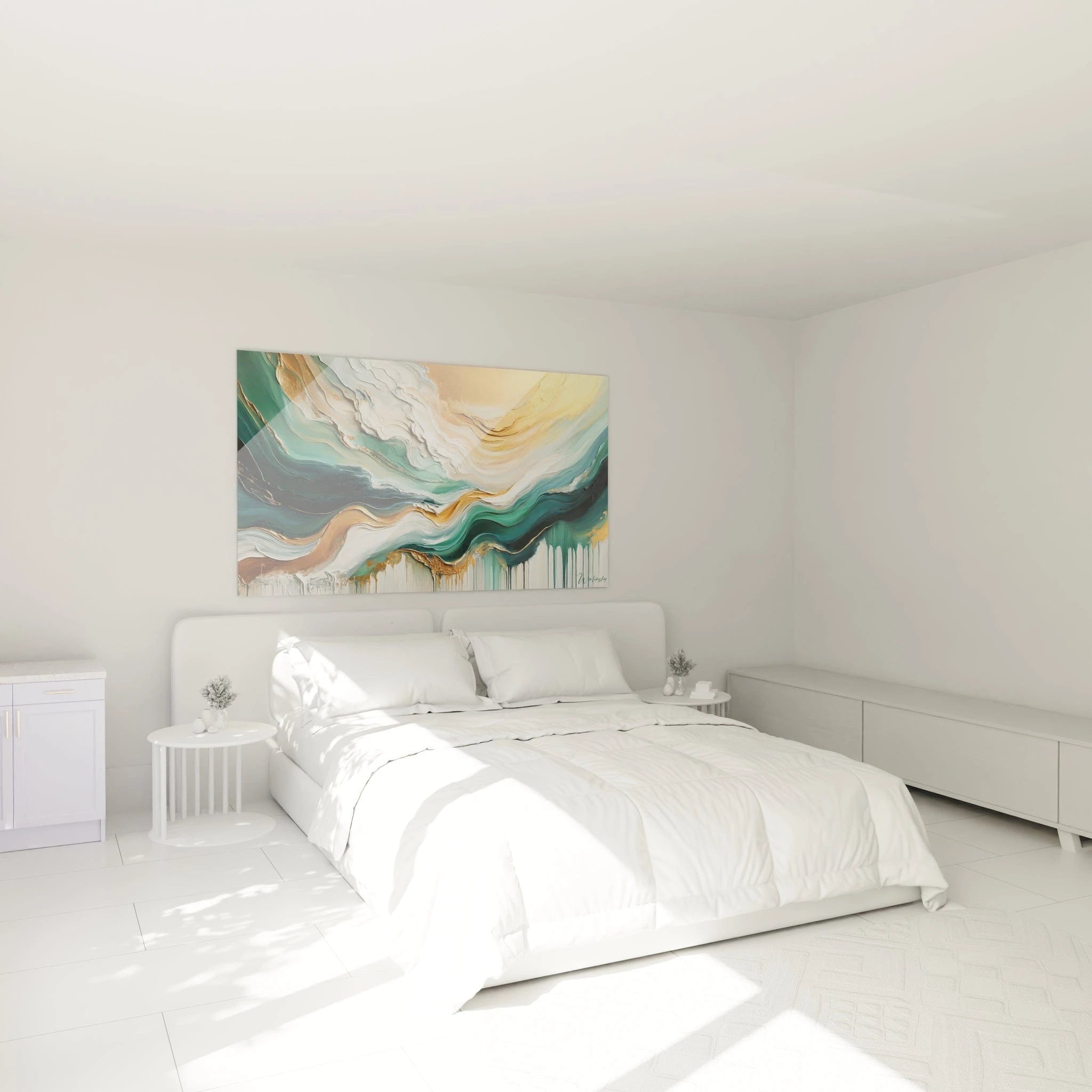 Un tableau abstrait de vagues marbrées aux allures de topographie. La palette associe vert sarcelle, or cuivré, blanc nacré et beige sable. Les textures combinent épaisses couches ondulantes avec effets de relief prononcé, sections métalliques brillantes et zones de fusion liquide qui s'écoulent verticalement, créant un contraste entre solidité et fluidité.
