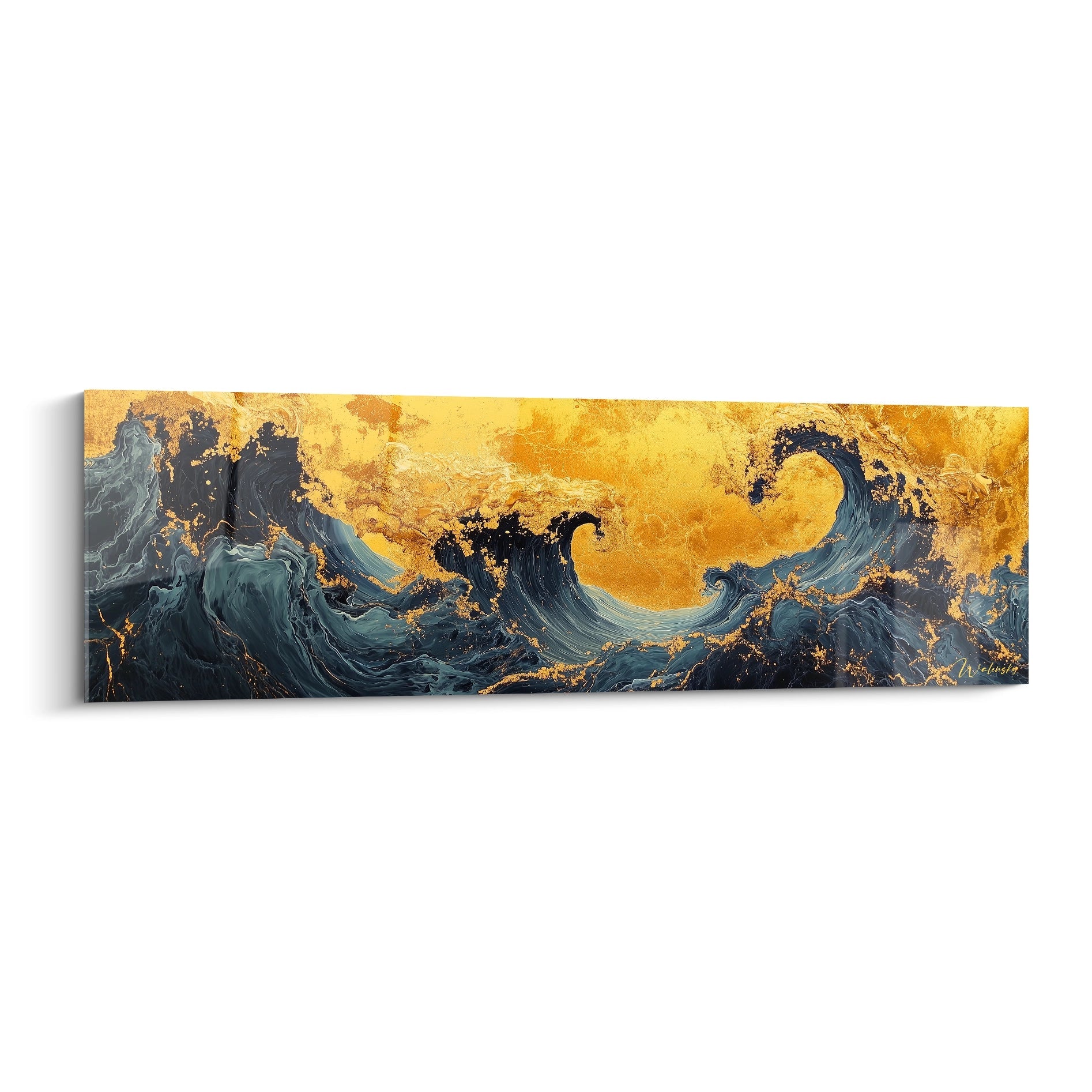 Tableau expressionniste abstrait de vagues en bleu et or par Walensky, idéal pour une décoration moderne