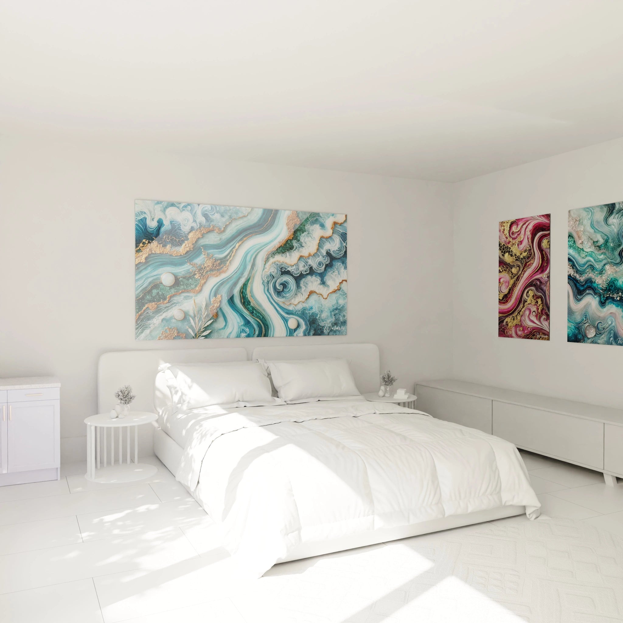 Le tableau accroché au-dessus du lit dans une chambre apaisante, ses teintes de bleu et blanc apportent une atmosphère sereine et dynamique. Les éclats dorés ajoutent une touche de lumière et de luxe tableau style epoxy.

