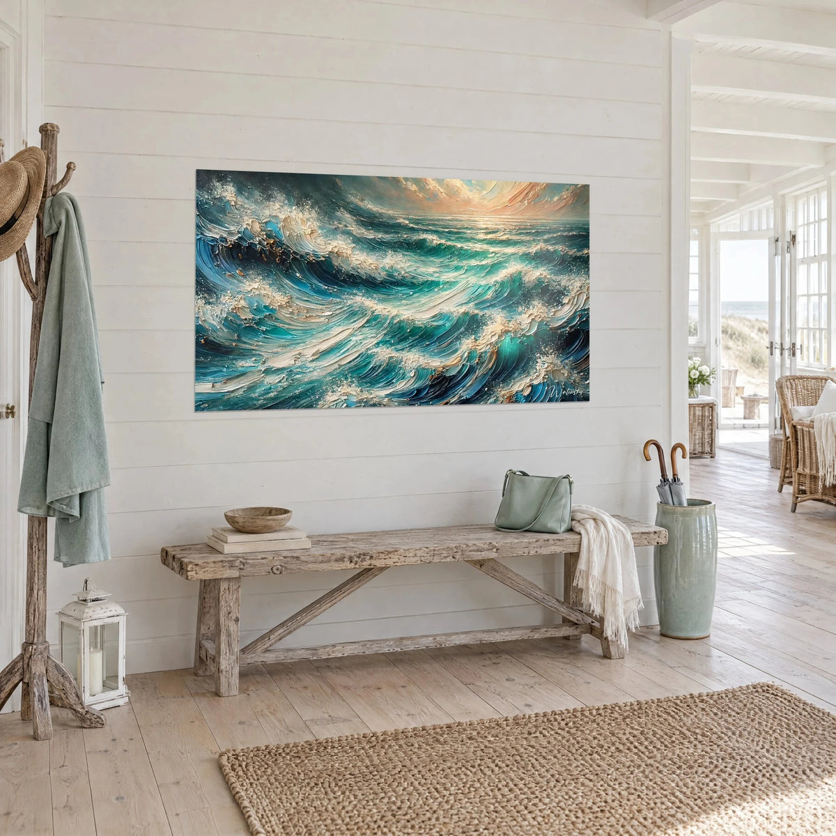 Schilderij stormachtige zee met diepblauwe en smaragdgroene golven, perzikkleurige zon aan de horizon, in een huis aan zee