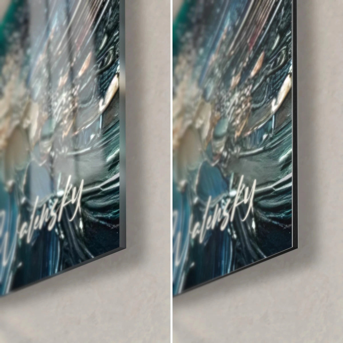 Schilderij golven in turquoise en ivoor reliëf, rechtsonder in beeld, glanzend glas links, mat Dibond en 3 mm rand