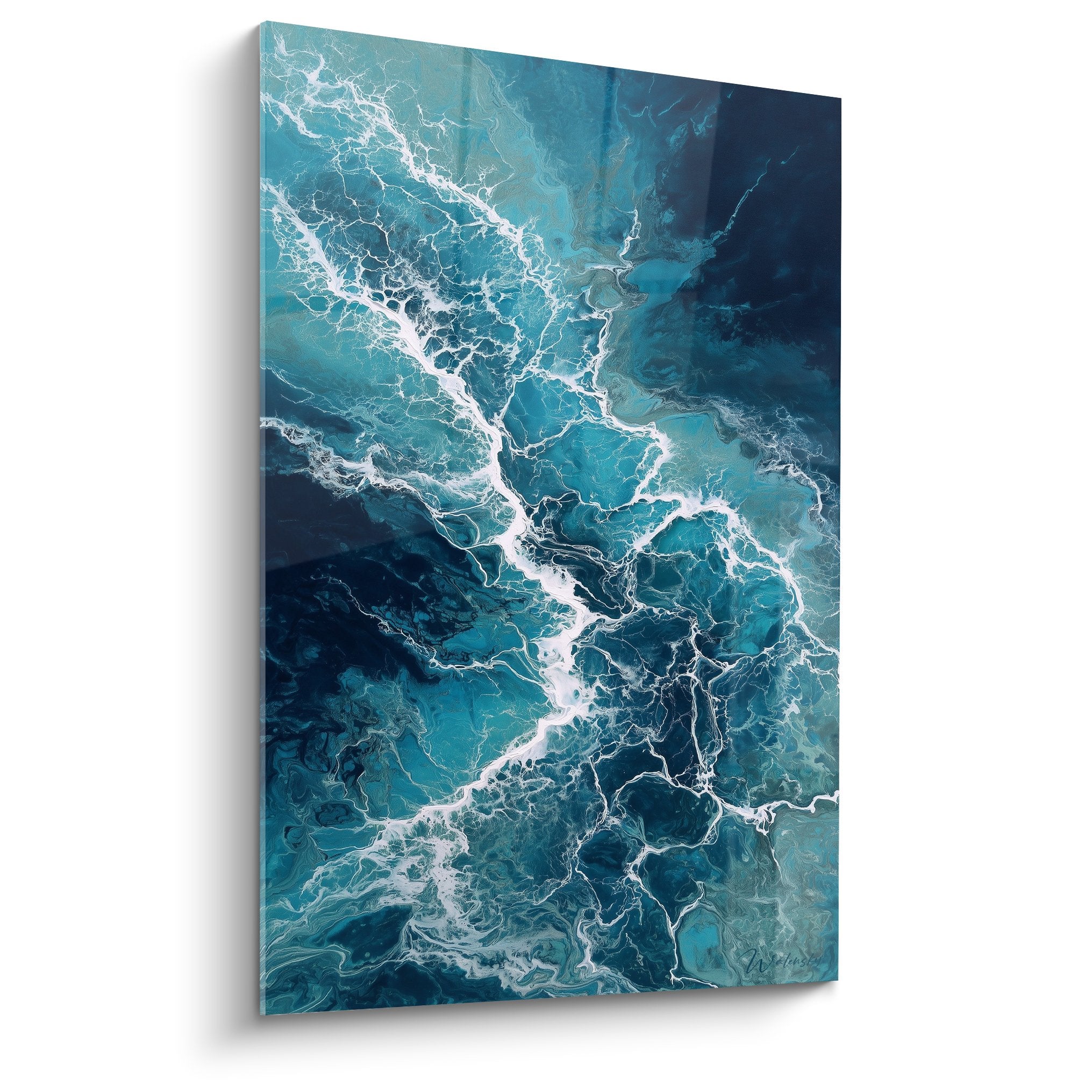 Tableau abstrait flots turquoise et blanc edition feng shui nord eau pour decoration murale apaisante