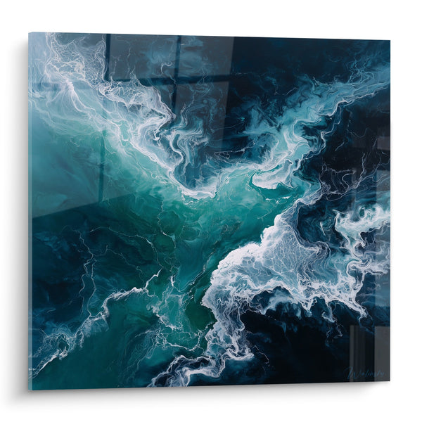 Schilderij turquoise en witte oceaangolven met vloeiende bewegingen - Zee-essentie - Feng shui Noord Water editie