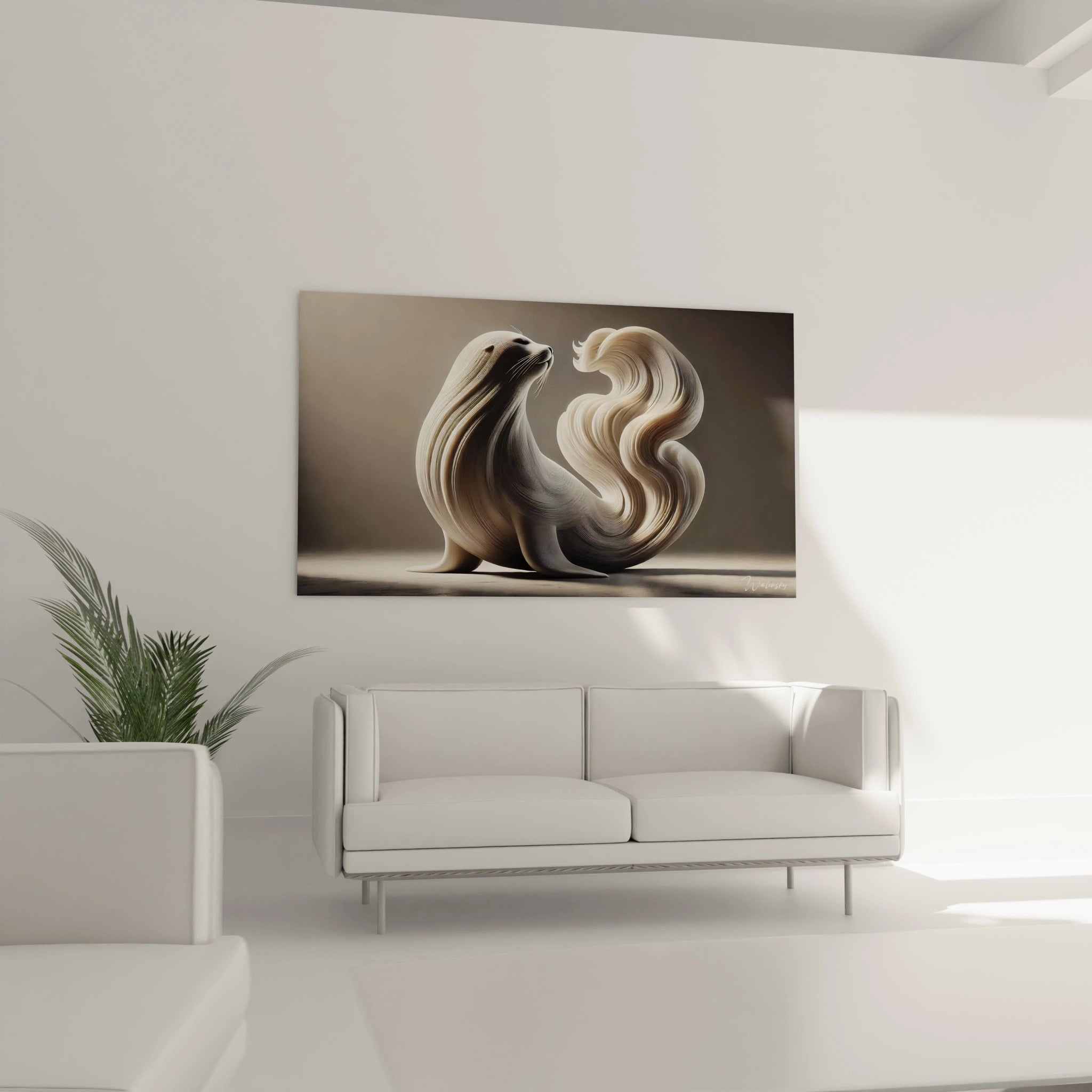 tableau phoque dans un salon contemporain au dessus d un canapé cette oeuvre abstraite et fluide sublime l harmonie entre l animal marin et son environnement ajoutant une note de nature et de raffinement

