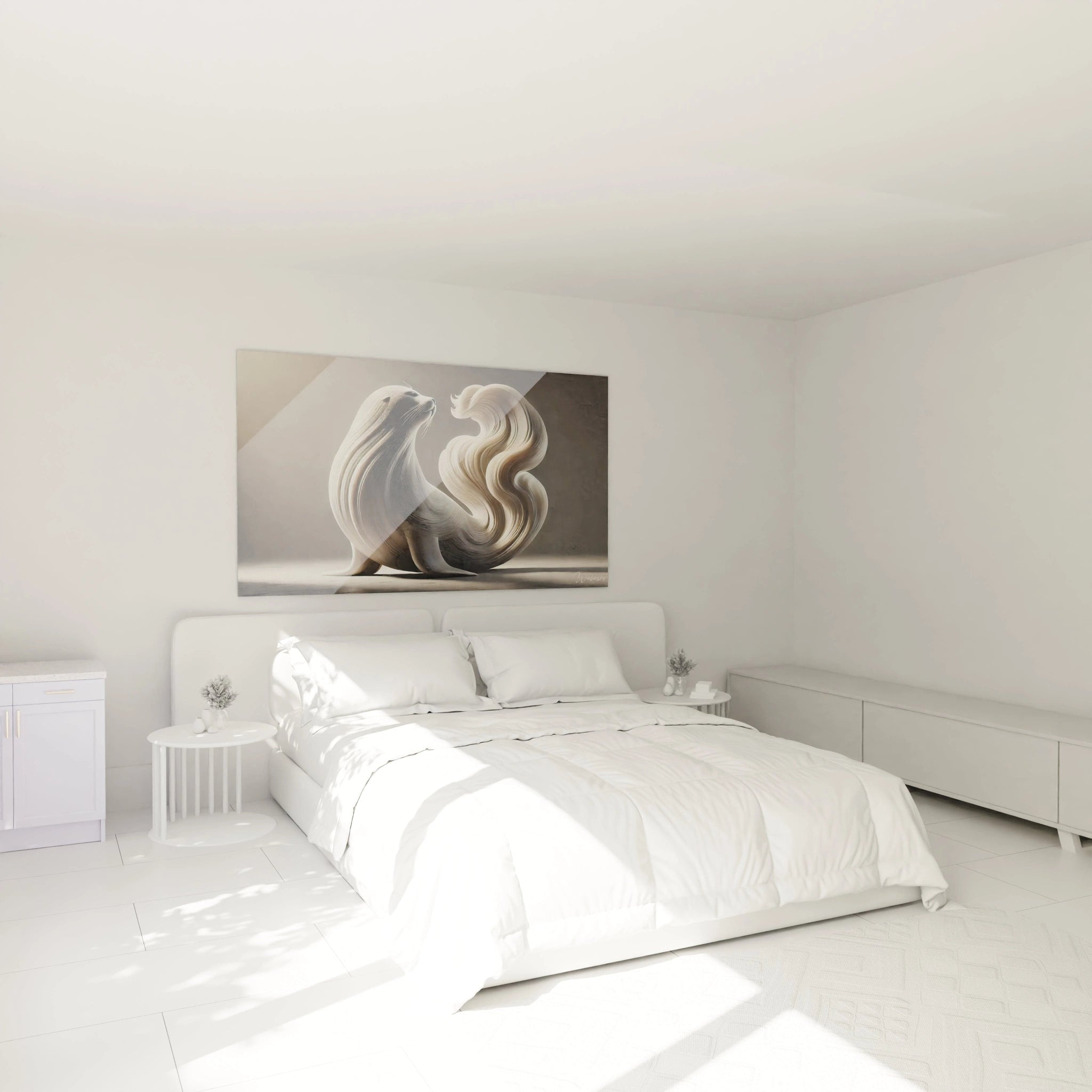 tableau phoque accroché au dessus d un lit dans une chambre une touche d elegance et de serenite grace aux couleurs douces et harmonieuses beige argent et blanc un choix parfait pour apaiser l espace

