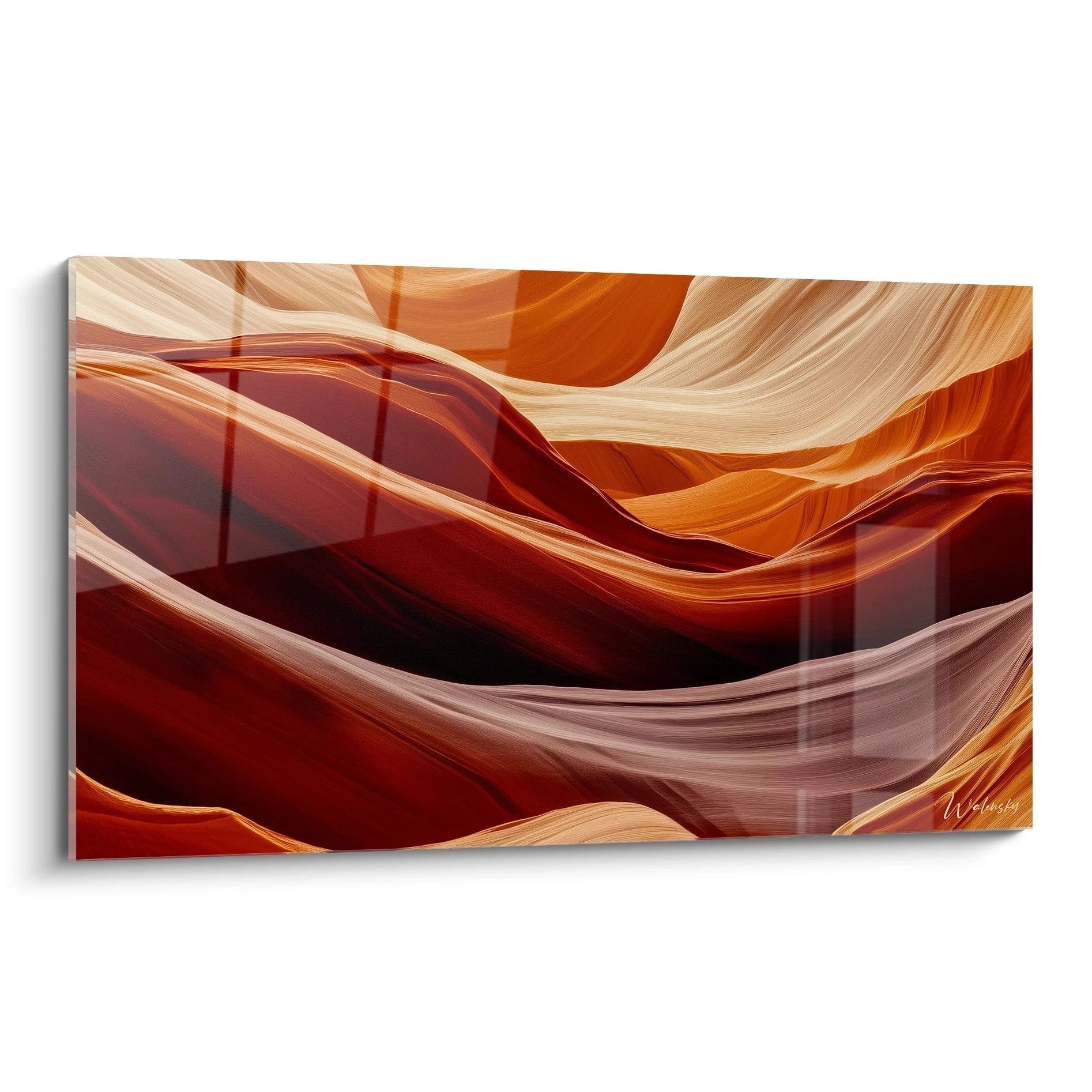 Un tableau canyon présente des formations rocheuses aux courbes ondulantes dans des teintes de rouge profond, orange chaleureux et beige lumineux, créant une composition stratifiée avec un jeu de lumière qui révèle la texture lisse des parois sculptées par l'érosion.
