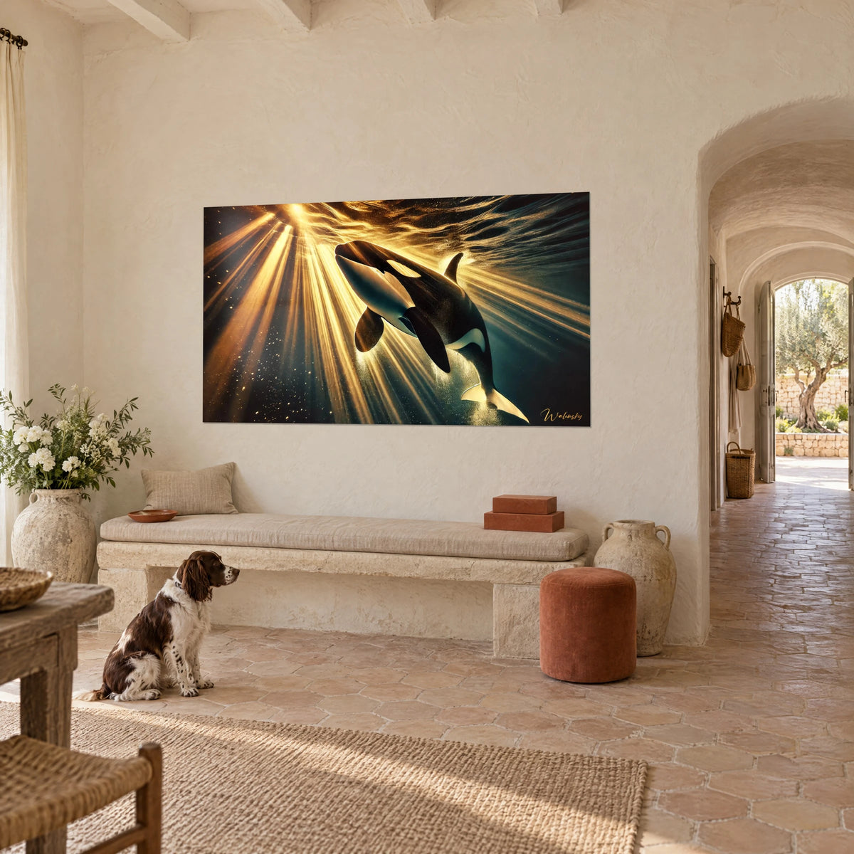 Πίνακας σκούρος κητώδες που πηδά μέσα σε χρυσές και μπλε νυχτερινές δέσμες φωτός, σπανιέλ καθισμένο στο ωχρό πλακάκι, προβηγκιανό αγροτικό σπίτι σε τρία τέταρτα