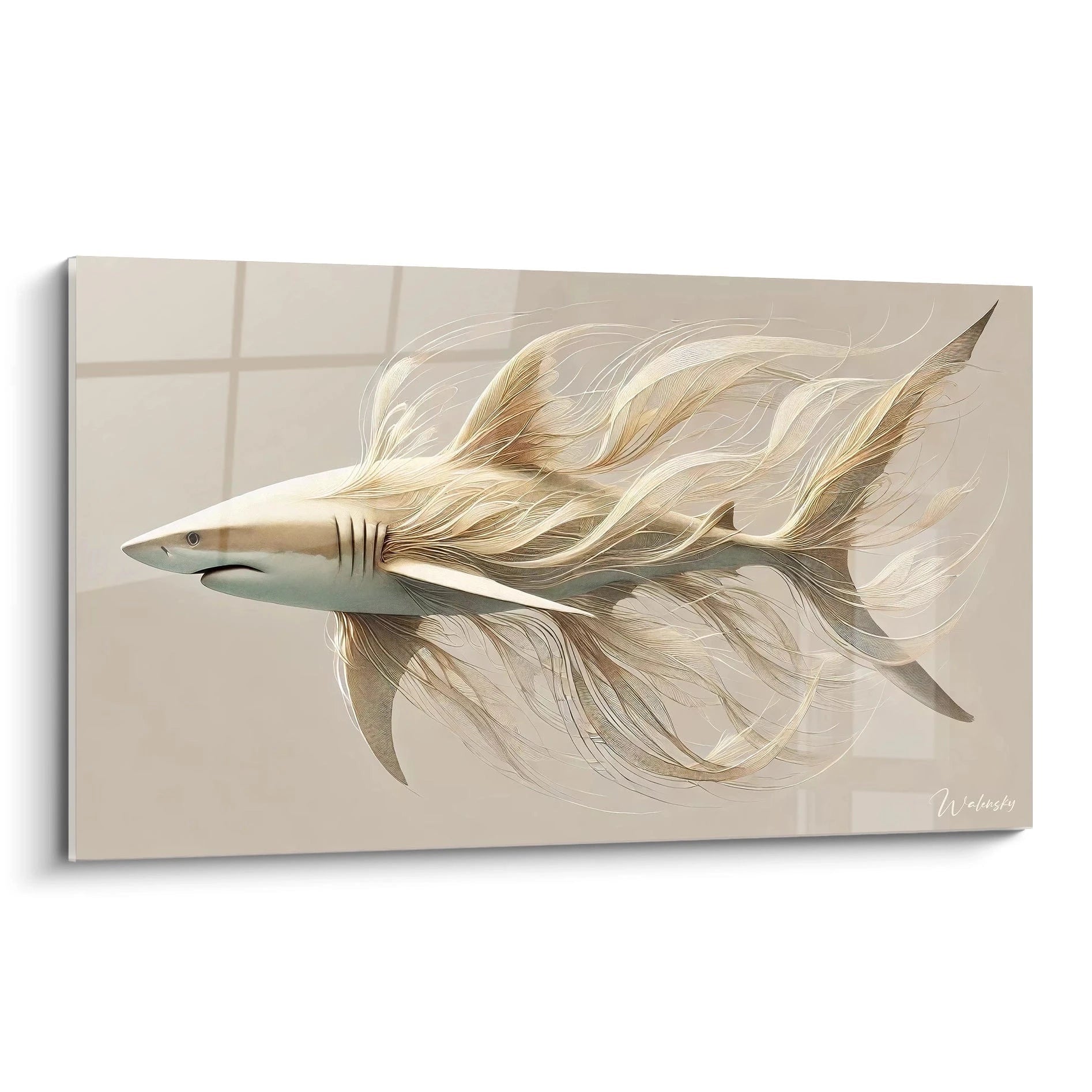 tableau requin au design ethéré vu de biais revelant la fluidité de ses lignes subtiles evoquant un requin en mouvement parfait pour un interieur moderne minimaliste

