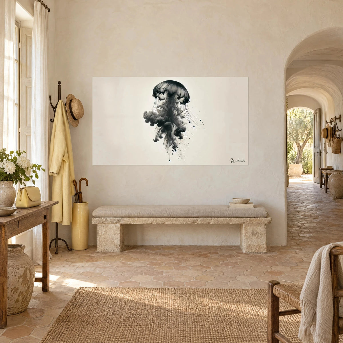 Wall art floating cnidarian in black wash, delicate tentacles and splashes on cream, above a stone bench in a Provençal farmhouse