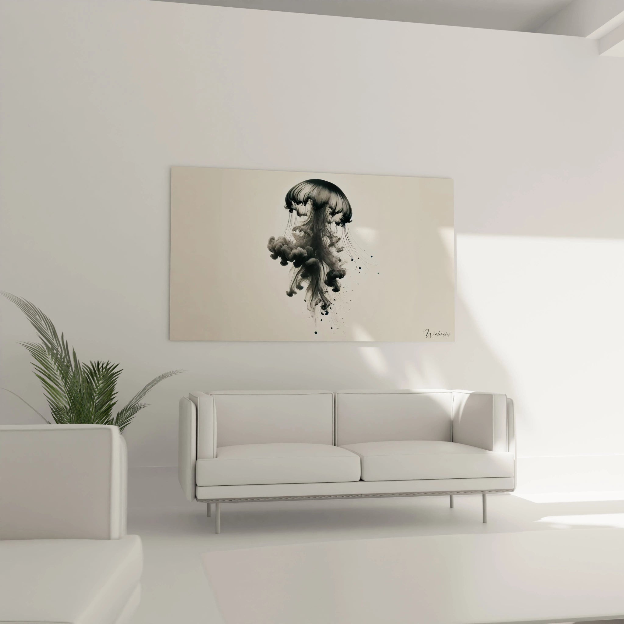 Avec son allure moderne, ce tableau méduse sublime votre salon. Ses lignes fluides et son fond neutre apportent une ambiance relaxante au-dessus du canapé.

