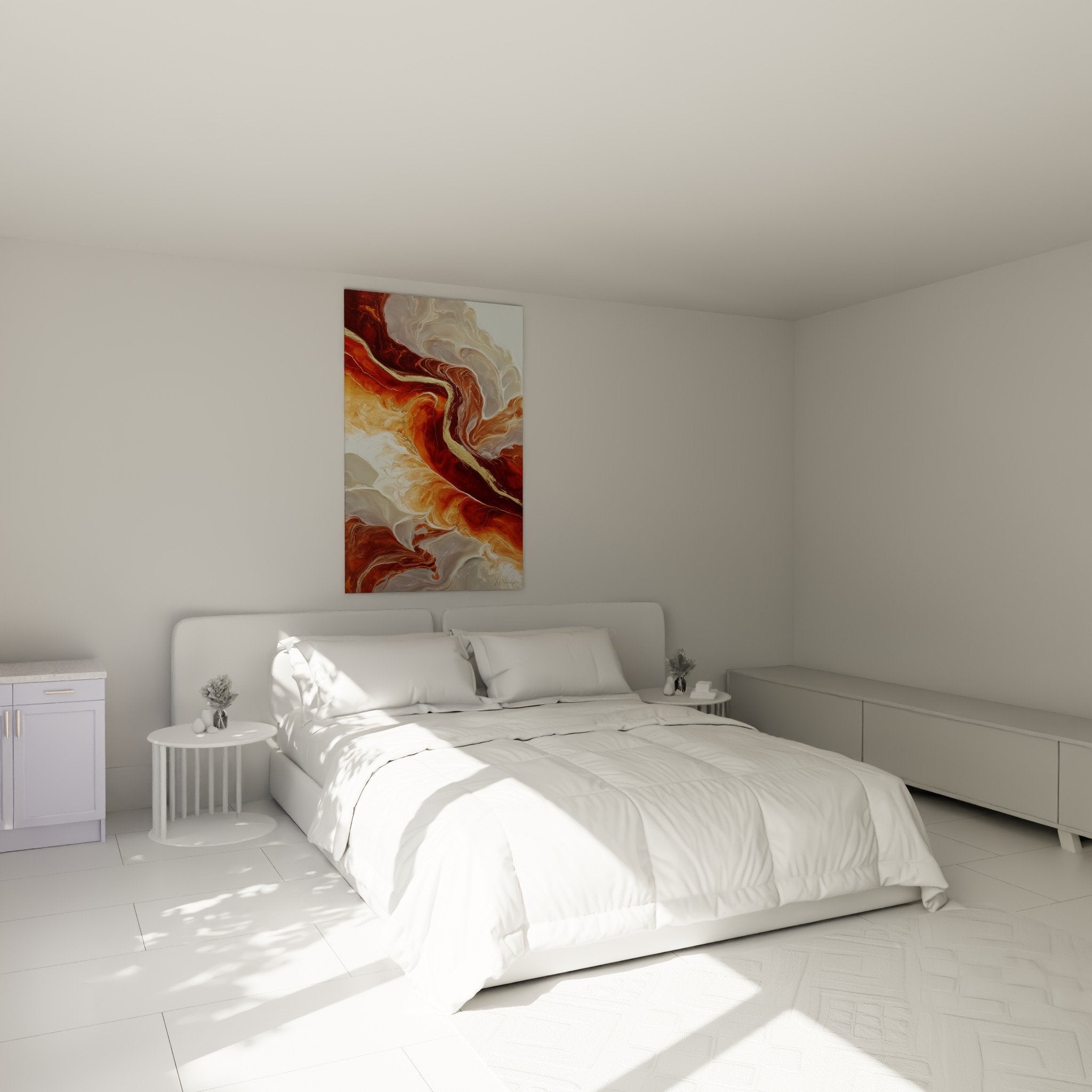 Tableau fluides marbrés tons chauds rouge orange dans chambre moderne feng shui centre terre