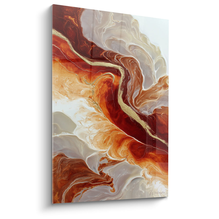 Tableau fluides marbrés rouge orange et crème avec veines dorées - Fusion terrestre - Edition Feng shui Centre Terre