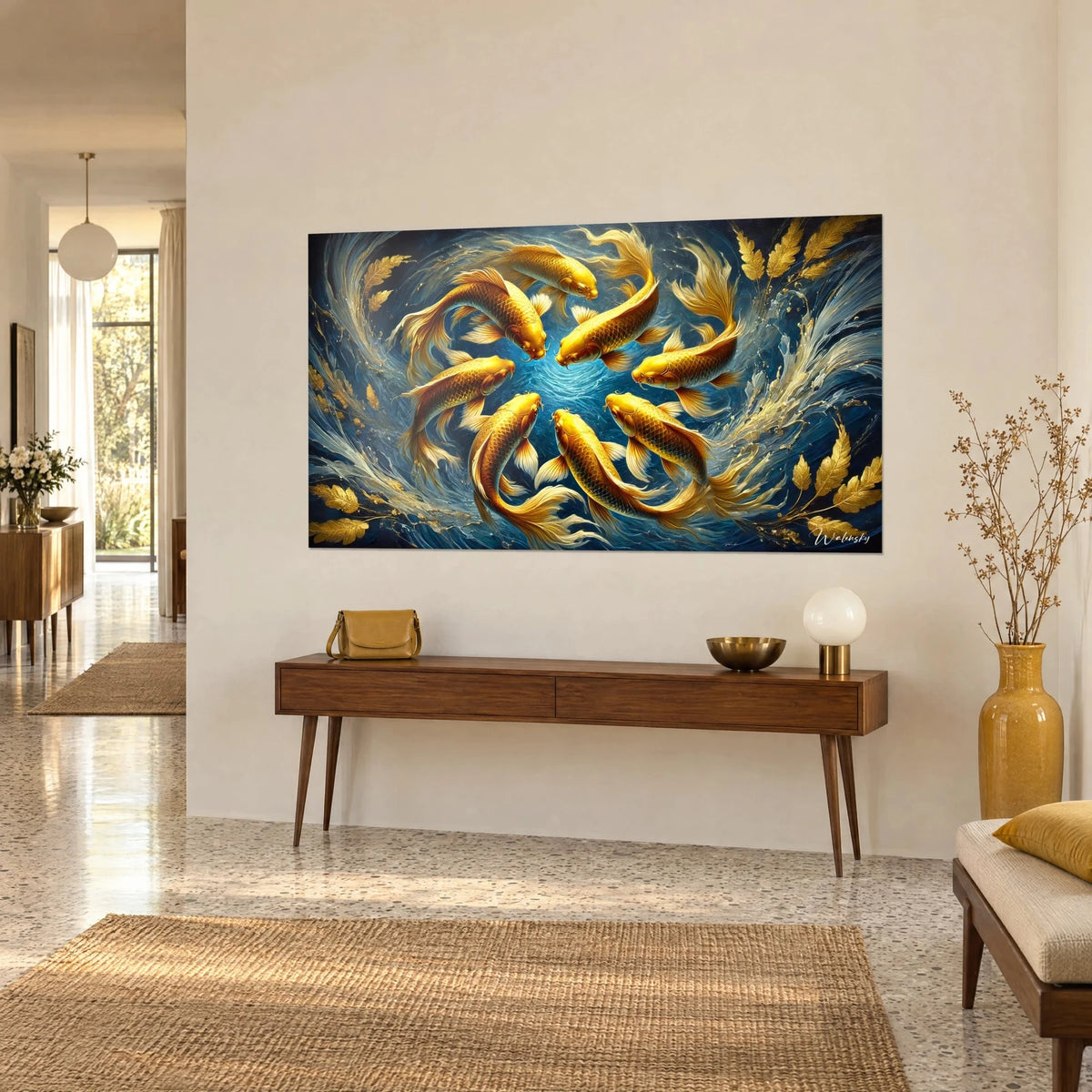 Quadro tondo di pesci ocra e oro intorno a un cuore turchese, volute di schiuma, vista di tre quarti su una console in legno