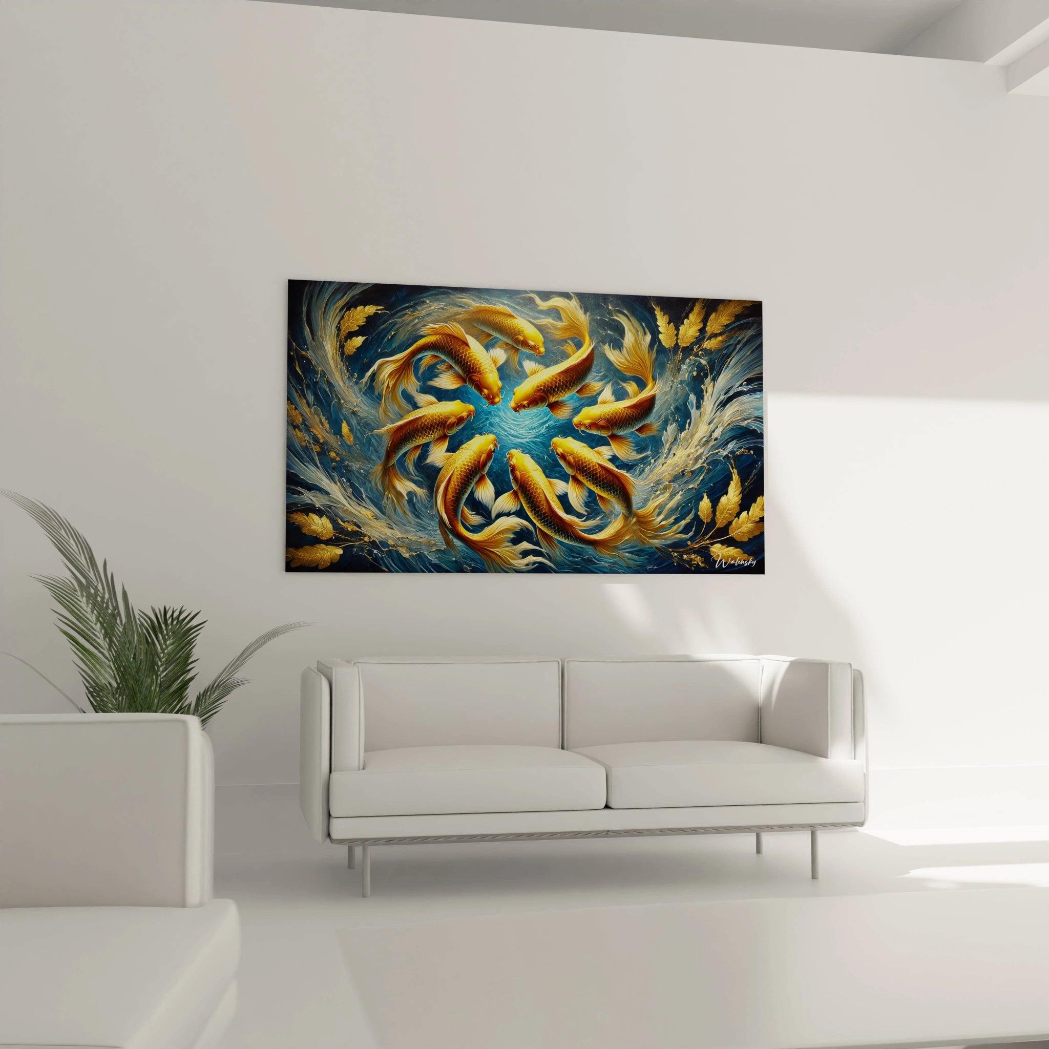 tableau poisson accroché au-dessus d’un canapé dans un salon apporte une touche artistique et sophistiquée. Le bleu marine et l’or s’harmonisent parfaitement avec tout type de décoration intérieure.


