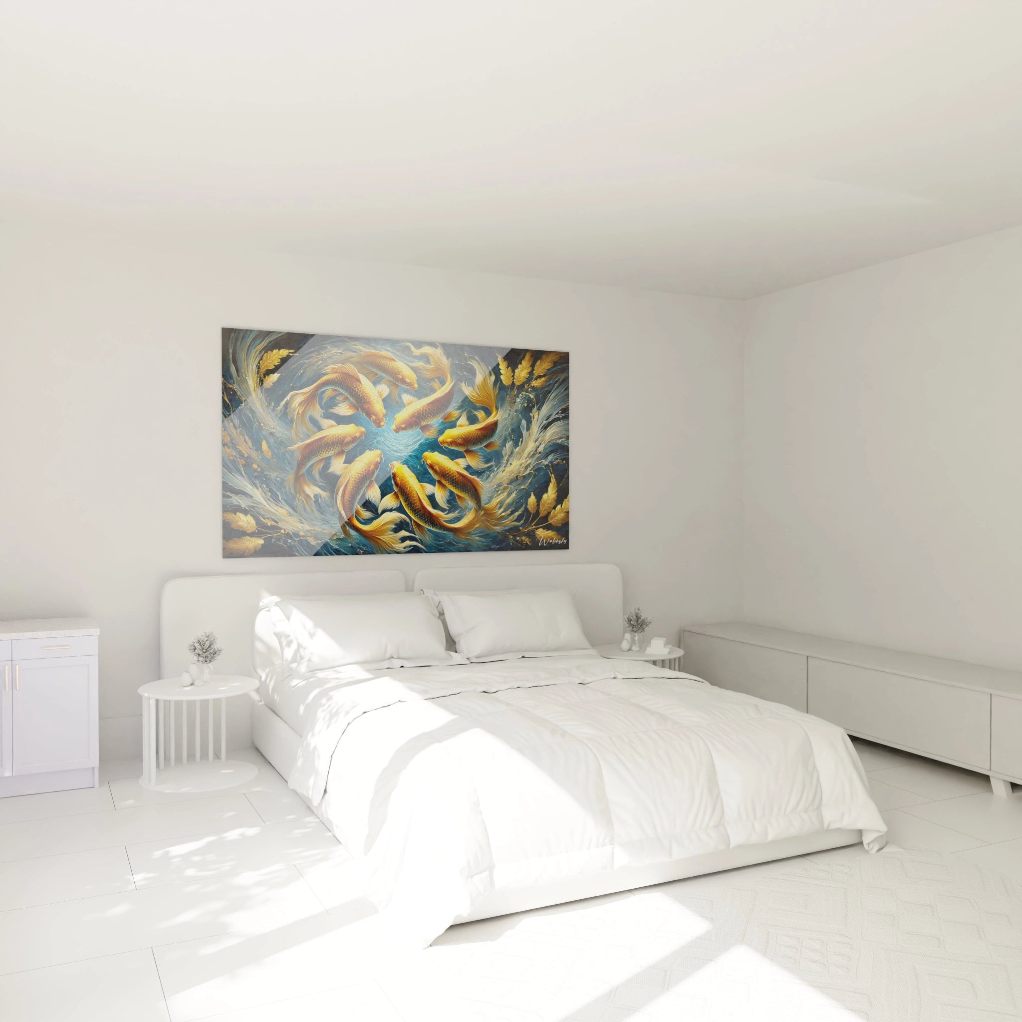 tableau poisson au-dessus du lit dans une chambre ajoute une touche de sérénité. Le contraste entre les écailles dorées et le fond bleu profond est idéal pour un espace de détente et d'harmonie.

