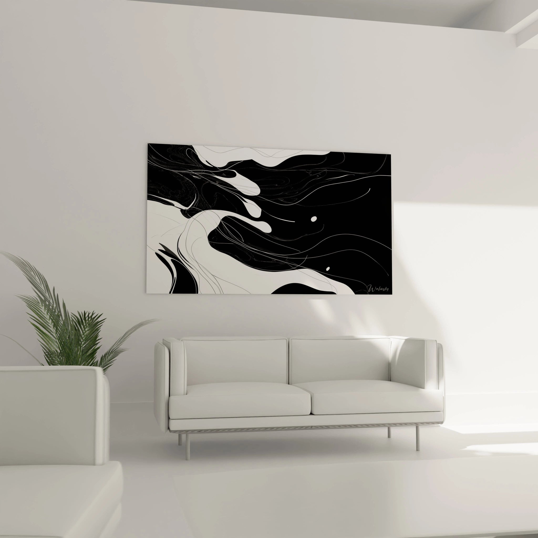 Un tableau rayures noir et blanc minimaliste composé de formes amples et sinueuses. Les zones blanches et noires se répondent dans un équilibre asymétrique, créant une tension visuelle captivante. La texture lisse et les transitions fluides suggèrent un mouvement gelé dans le temps.
