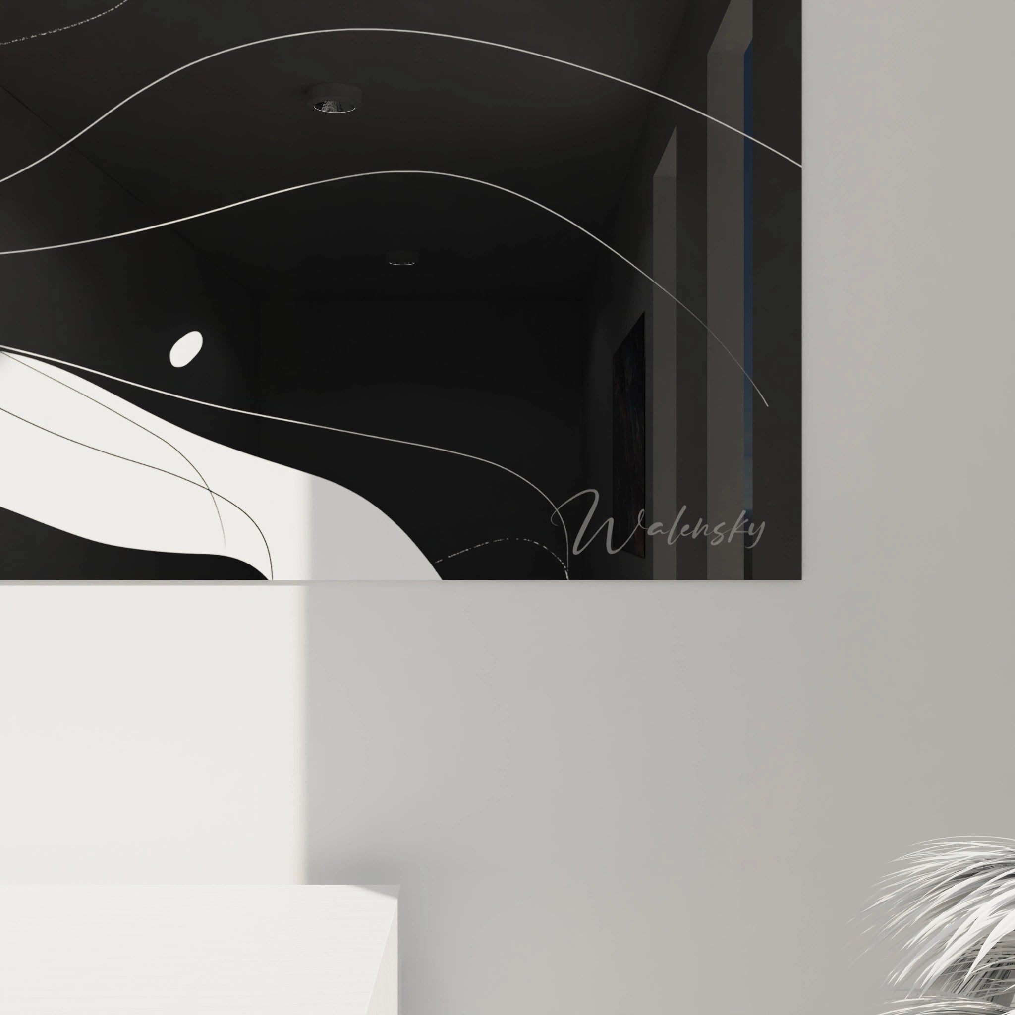 Un tableau rayures noir et blanc contemporain avec des formes abstraites qui s'écoulent comme des vagues. Les espaces négatifs et positifs s'entremêlent harmonieusement, tandis que des détails subtils apparaissent à l'observation rapprochée. La composition monochrome offre un contraste saisissant et une élégance intemporelle.
