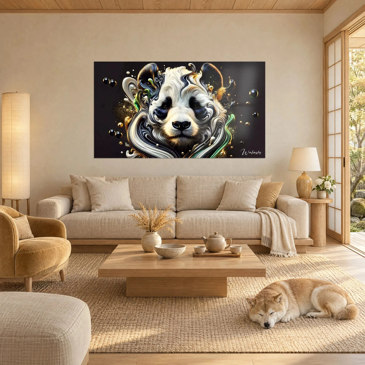 Wall art panda with black and ivory swirls, gold flecks on a dark background, above a sofa in a bright living room