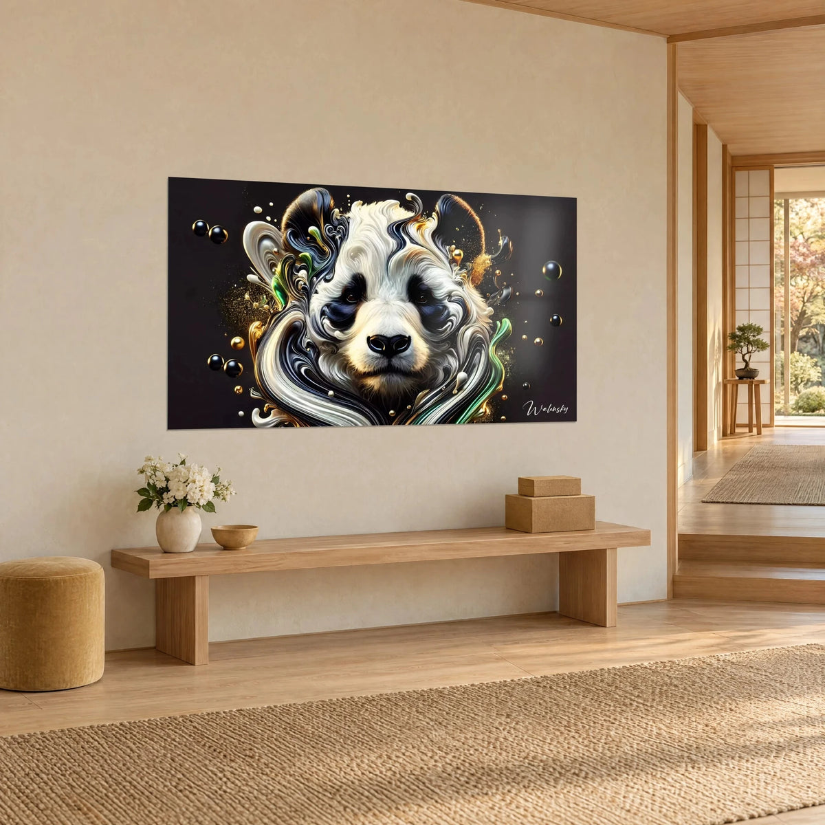 Wall art black and white bear head in lacquer spirals, gold beads and a green streak, wooden bench, three-quarter view