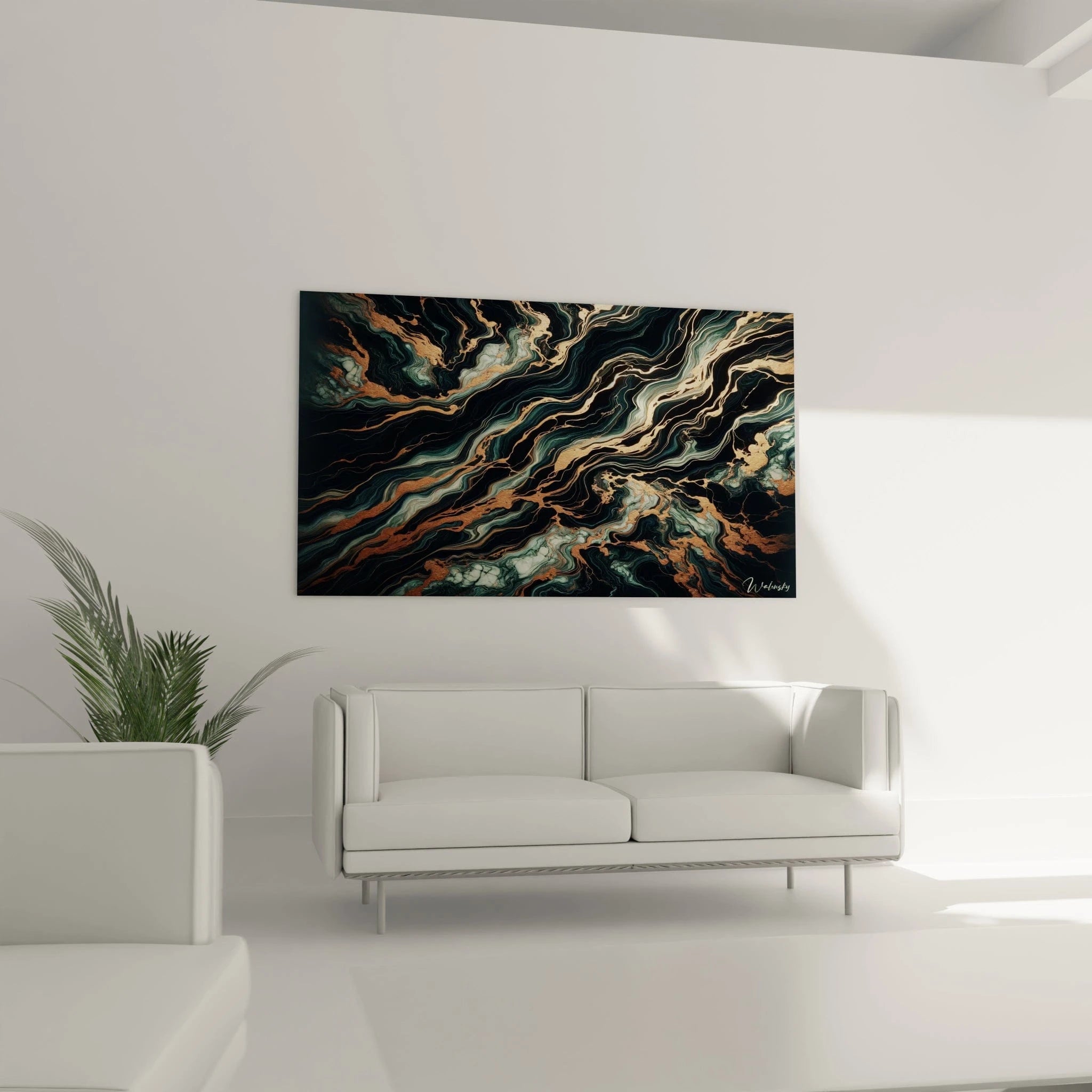 Tableau abstrait montrant des veines dorées traversant une matière sombre marbrée. Gamme chromatique de noir intense, vert sapin et blanc cassé avec filaments cuivrés éclatants. Effet visuel de pierre précieuse liquide avec strates entrelacées et fissures métalliques. Motif organique de courants entrecroisés créant un contraste entre zones obscures et lignes lumineuses.
