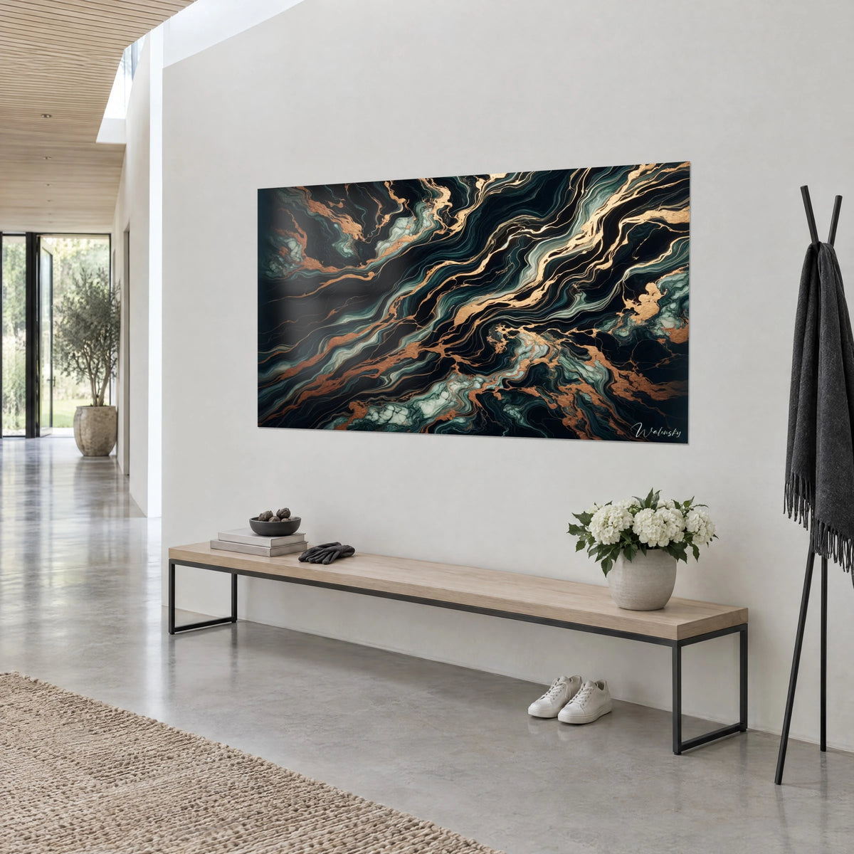 Wall art with golden flows rippling diagonally across a deep black background, pale turquoise accents, three-quarter view, wooden console and white vase
