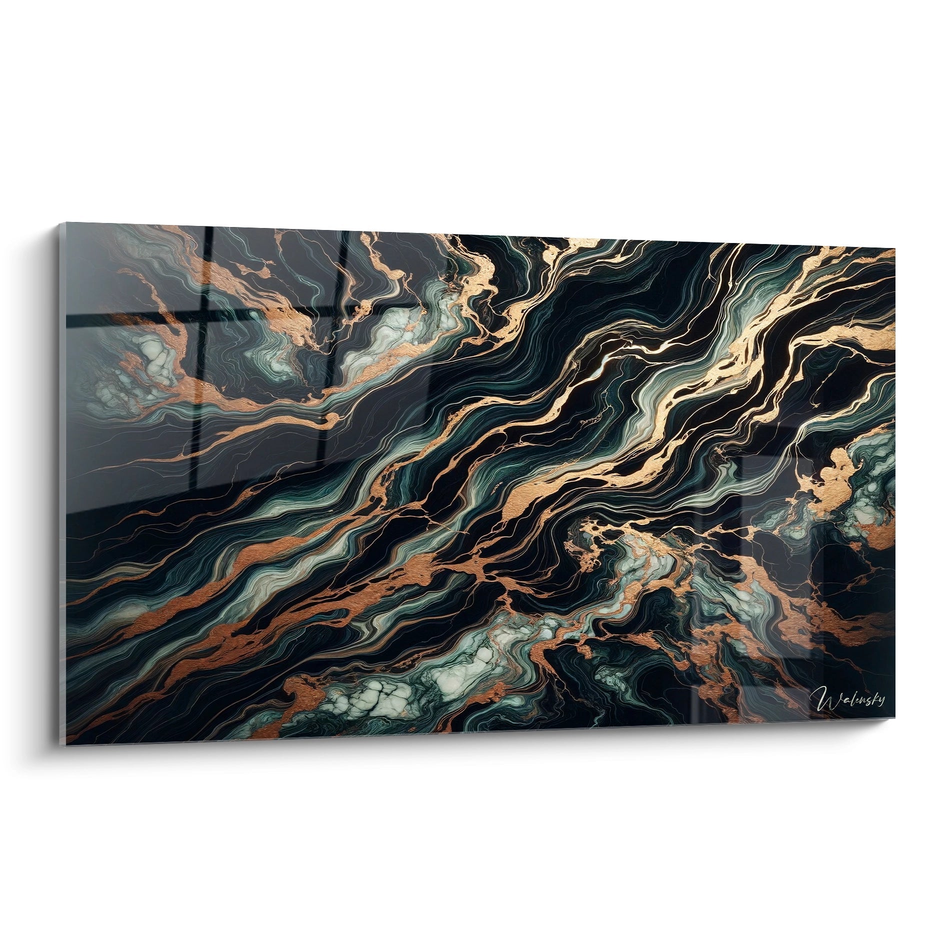 Tableau abstrait représentant des courants marbrés aux teintes profondes. Palette sombre de noir ébène, vert malachite et blanc crème avec veines cuivrées brillantes. Texture fluide évoquant des strates géologiques traversées par des filons métalliques. Composition dynamique de vagues sinueuses et formations tourbillonnantes créant un effet de mouvement liquide.
