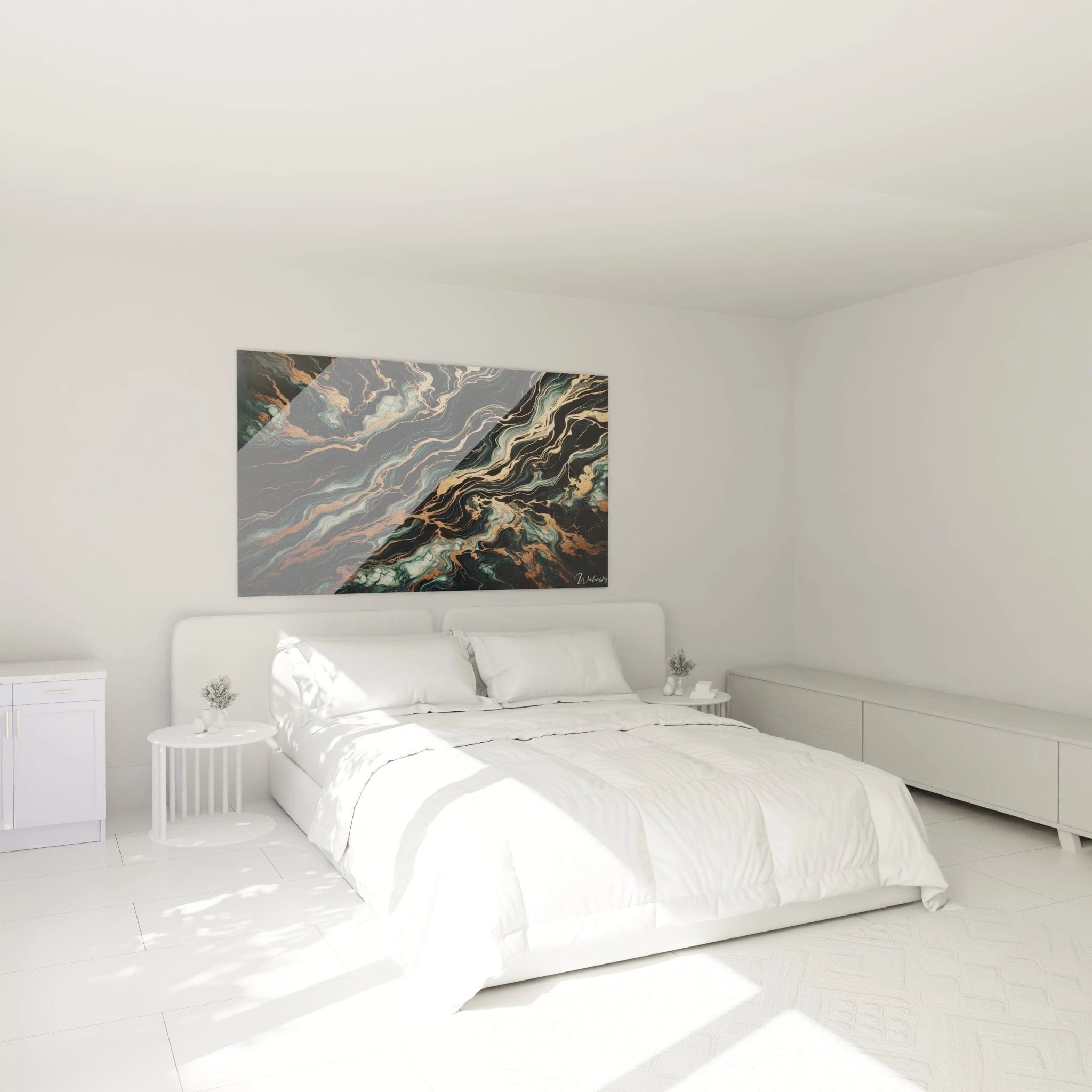 Tableau abstrait figurant un motif marbré avec inclusions dorées. Dominantes de noir profond, vert-de-gris et blanc nacré avec accents cuivre rosé. Surface texturée par couches superposées et lignes ondulantes métallisées. Structure fluide rappelant des rivières dorées serpentant à travers une roche sombre et veinée de pâle.
