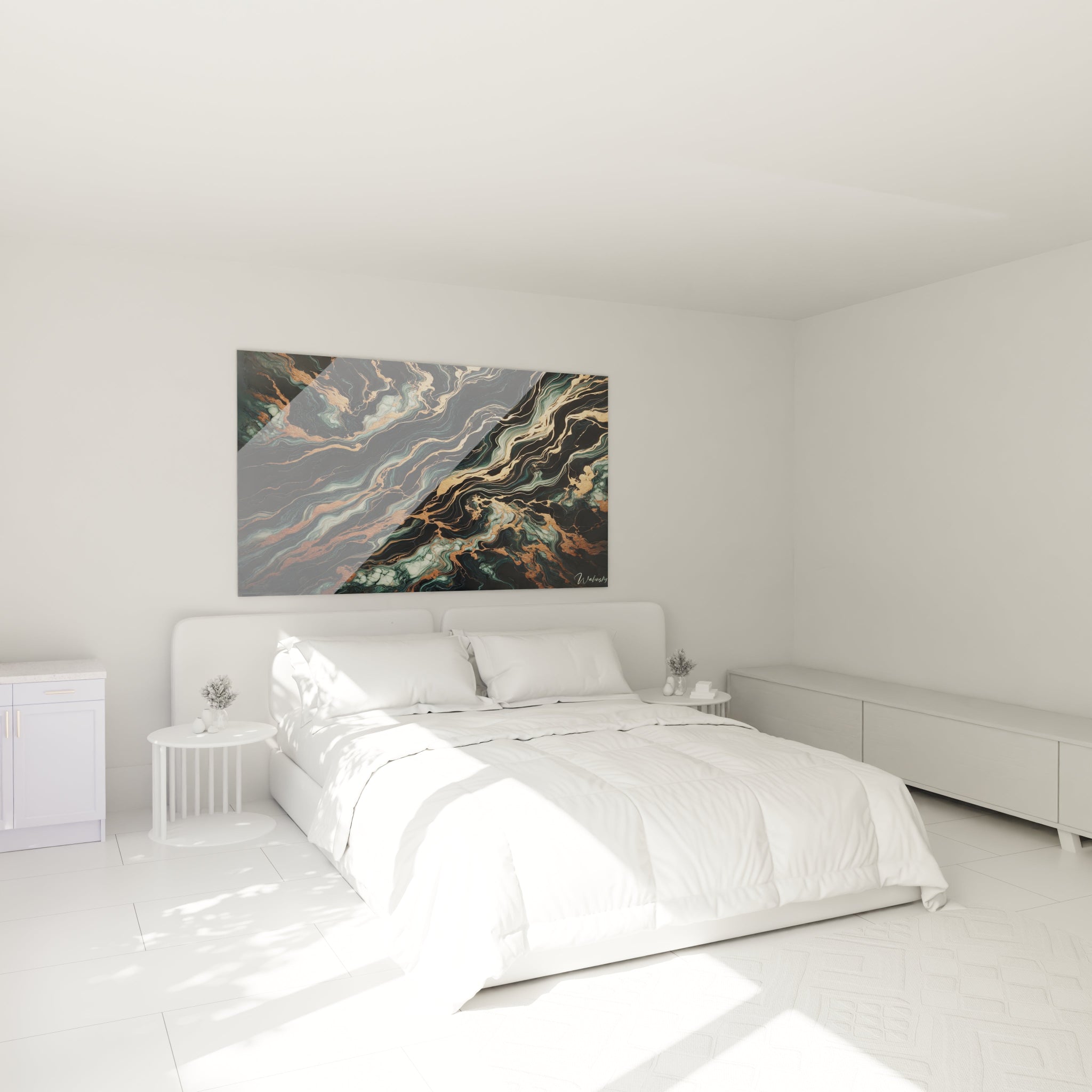 Tableau abstrait figurant un motif marbré avec inclusions dorées. Dominantes de noir profond, vert-de-gris et blanc nacré avec accents cuivre rosé. Surface texturée par couches superposées et lignes ondulantes métallisées. Structure fluide rappelant des rivières dorées serpentant à travers une roche sombre et veinée de pâle.
