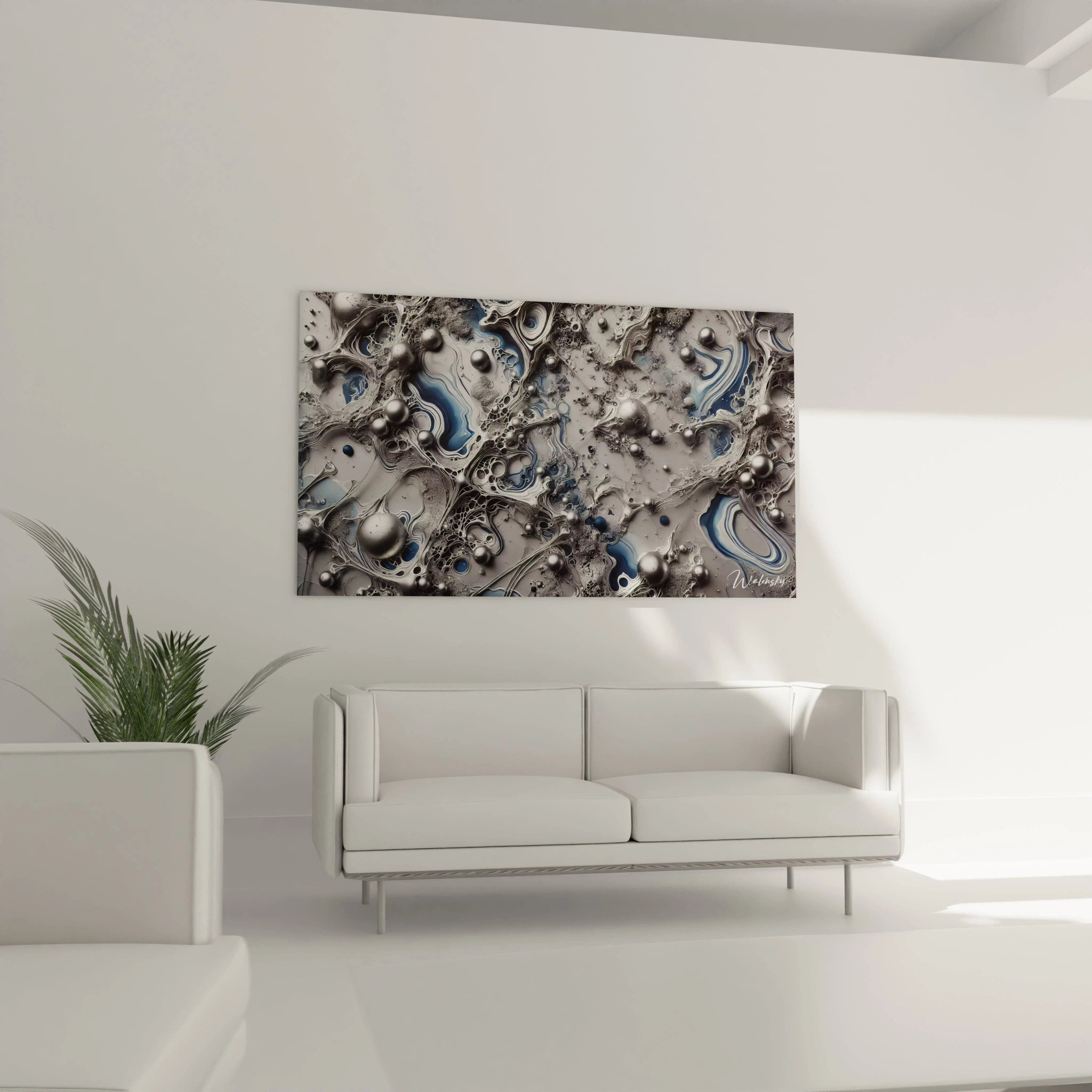 Ce tableau style epoxy sur le mur d’un salon, juste au-dessus du canapé. Les sphères métalliques et les lignes fluides apportent une touche futuriste et un effet visuel captivant.
