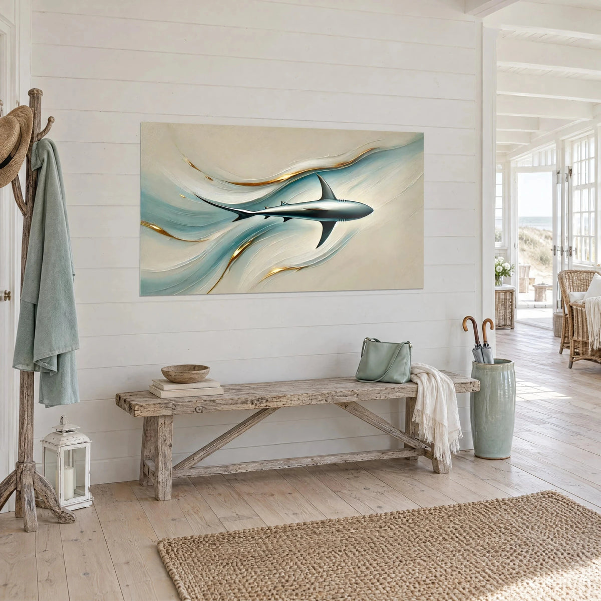 Gemälde grau-blauer Hai mit schlanken Flossen, türkisfarbene und goldene Strudel auf sandfarbenem Grund, weiße Wand eines Strandhauses