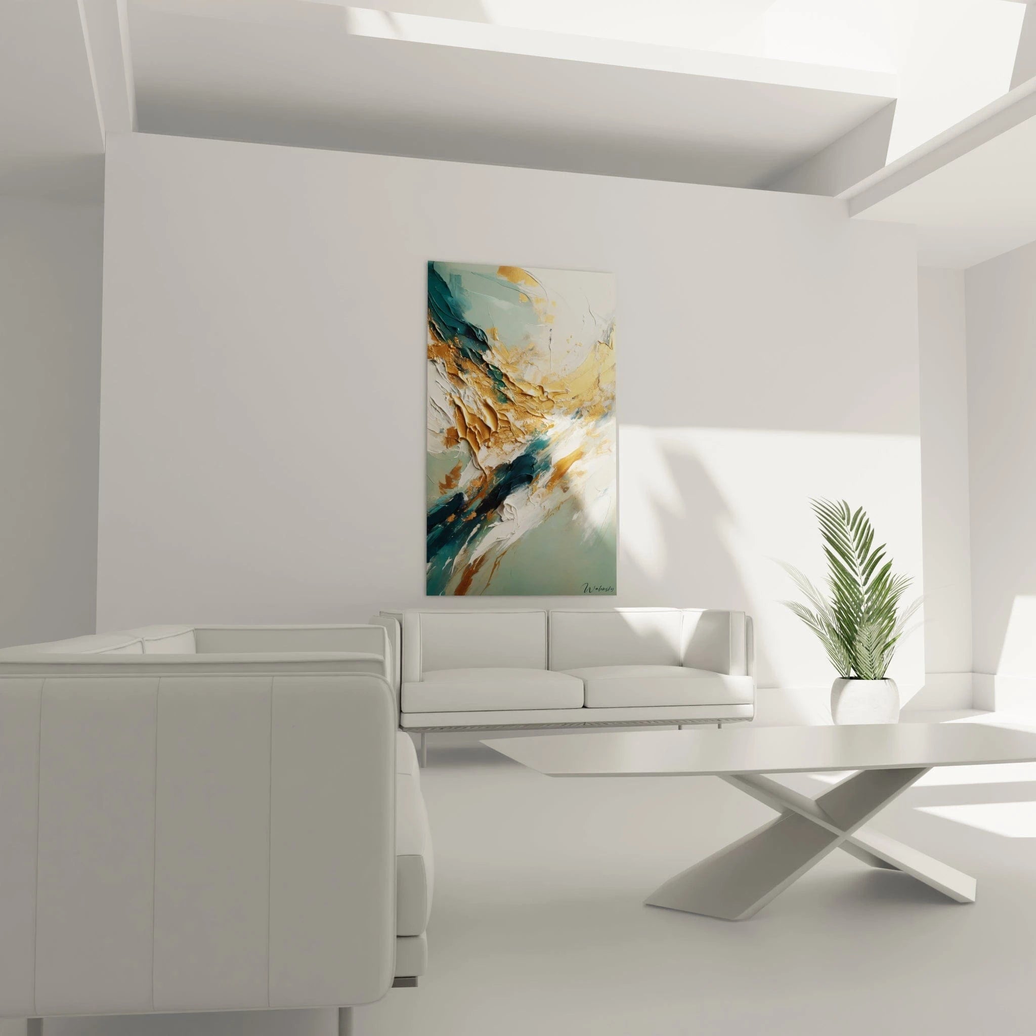 Tableau abstrait avec une palette dominante de blanc crémeux, bleu-vert profond et or métallisé. Les couches de peinture sont appliquées en relief prononcé, formant des crêtes et vallées avec des textures pâteuses et brillantes.
