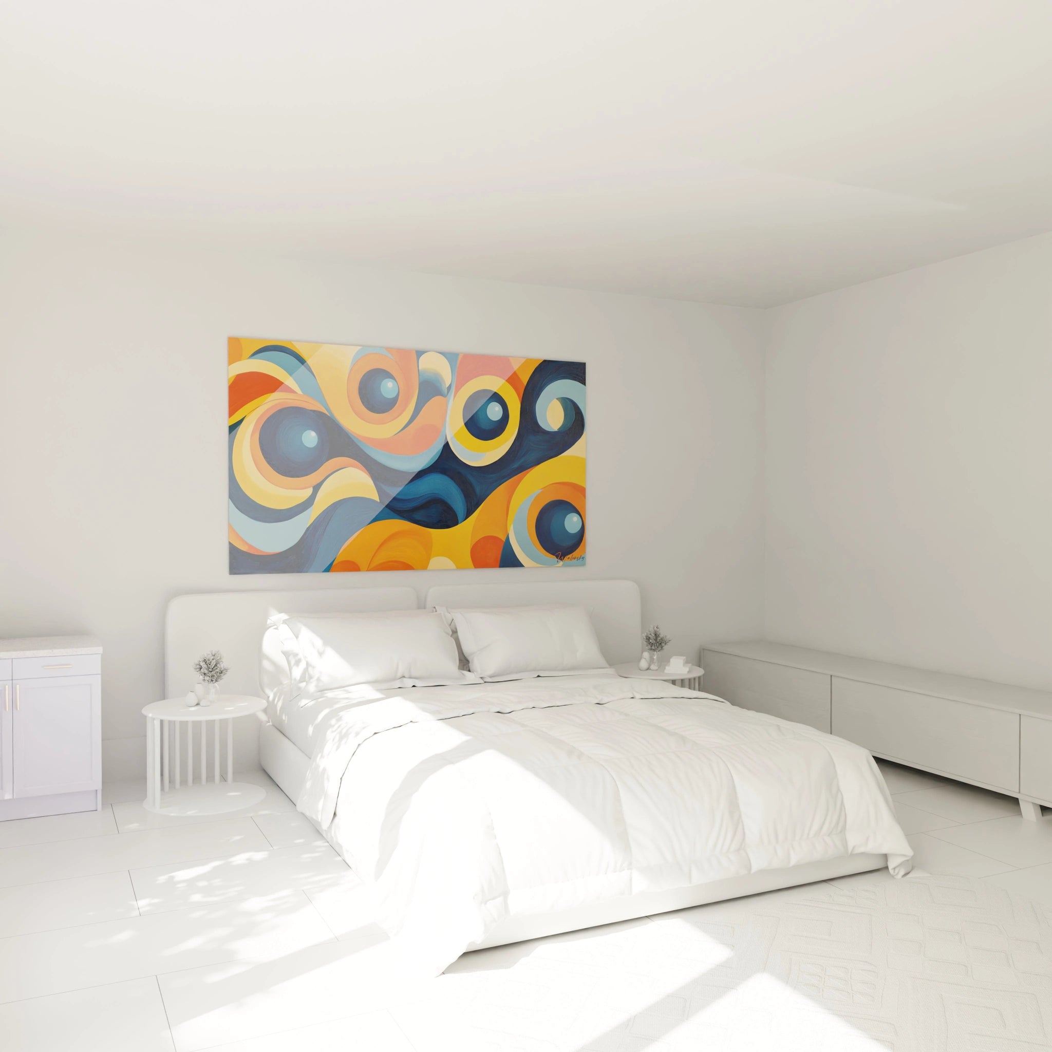Tableau géométrique abstrait de Walensky aux couleurs vives, décorant une chambre moderne