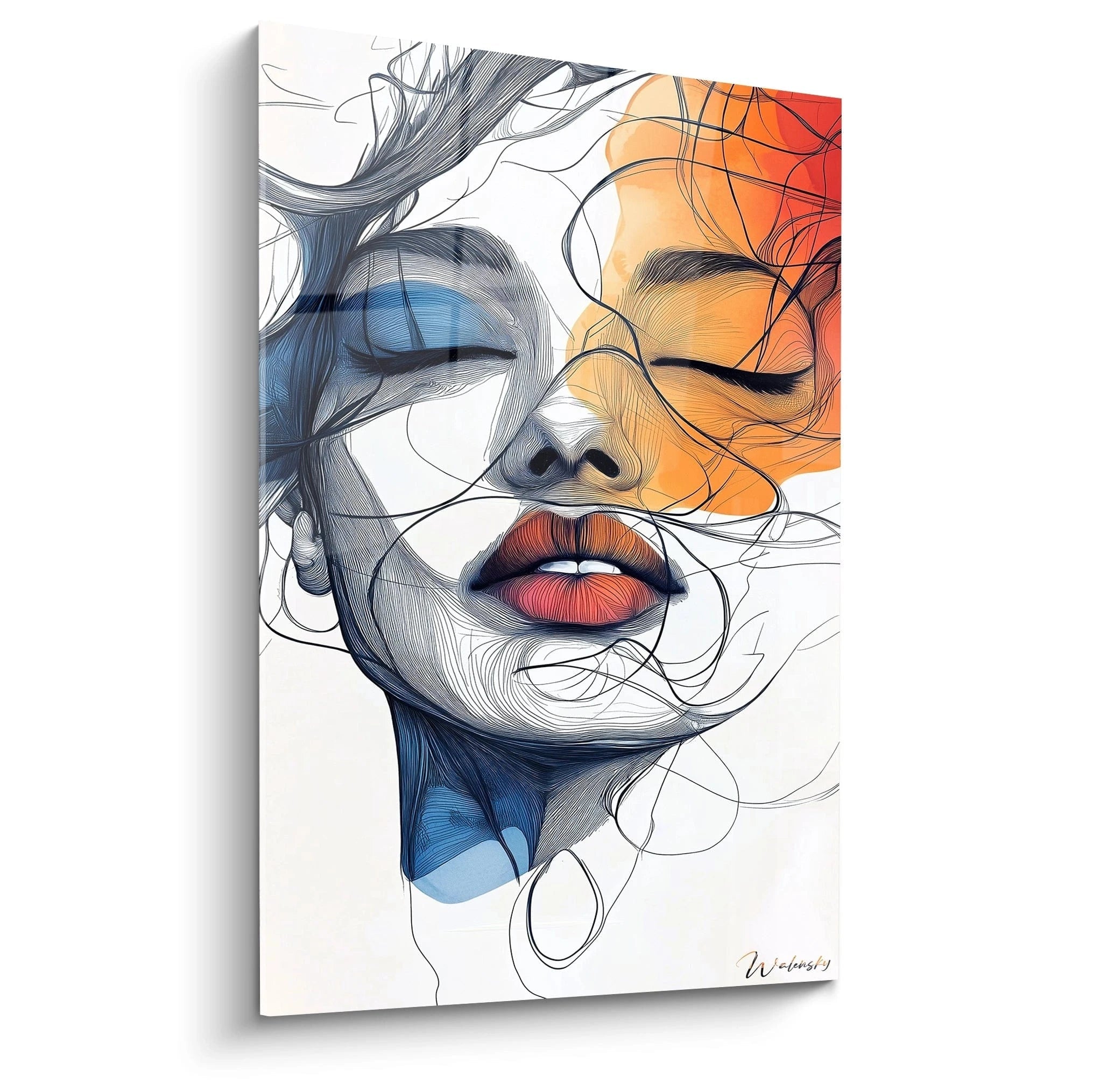 Un tableau visage abstrait présentant un profil féminin aux yeux clos, divisé entre tons bleus et oranges vibrants, avec des lèvres rouges éclatantes et un réseau de lignes fines qui créent texture et mouvement sur fond blanc.
