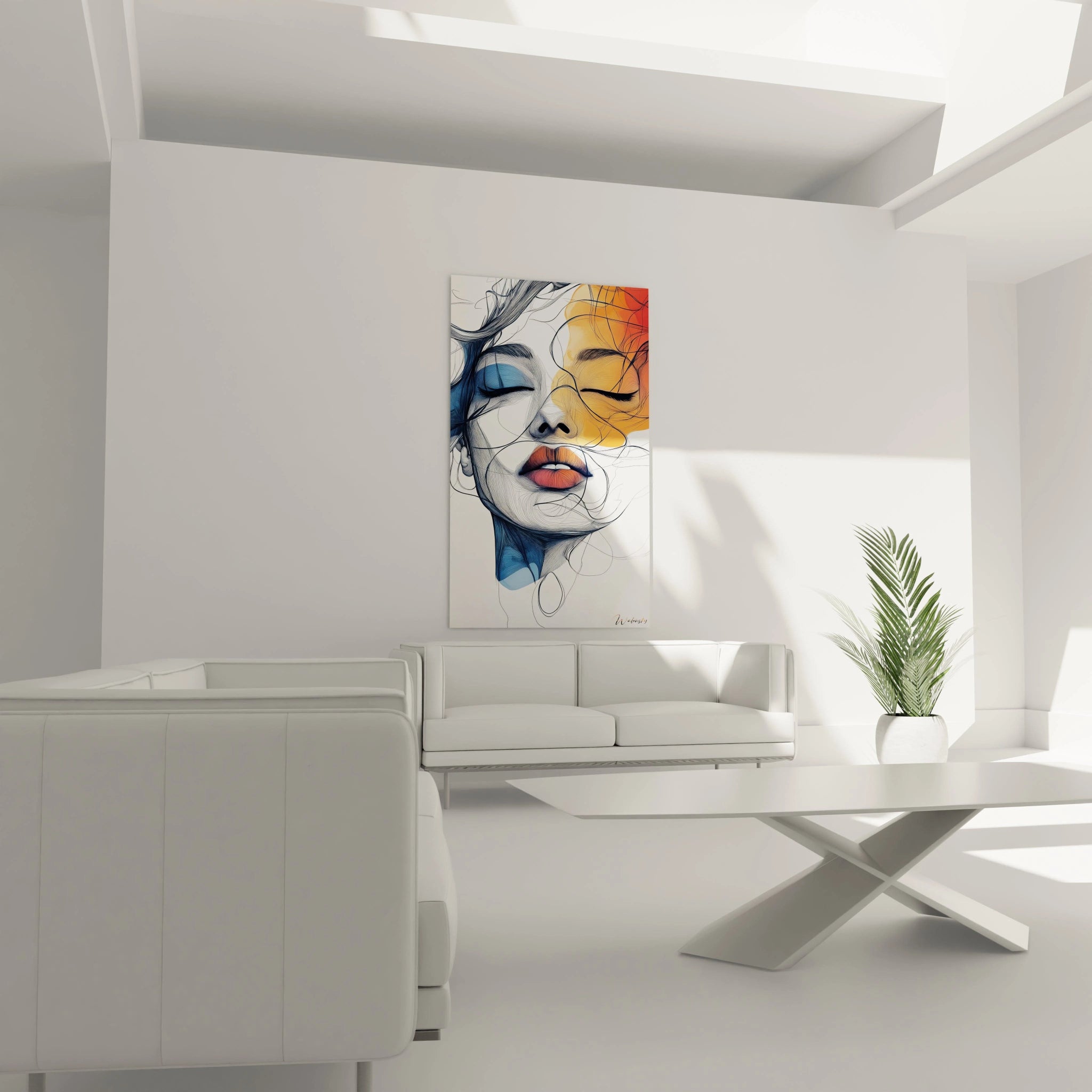 Tableau visage abstrait expressif avec contraste de bleu et orange, montrant un visage aux yeux fermés et lèvres rouges saillantes, traversé par des lignes noires fluides créant un effet de mouvement et de profondeur.

