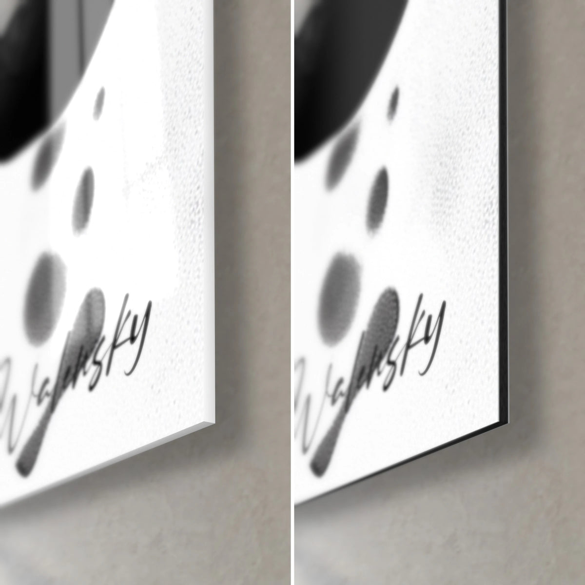 Quadro di inchiostro liquido nero e bianco, firma Walensky, angolo in basso a destra: vetro lucido a sinistra, Dibond opaco a destra, bordo da 3 mm