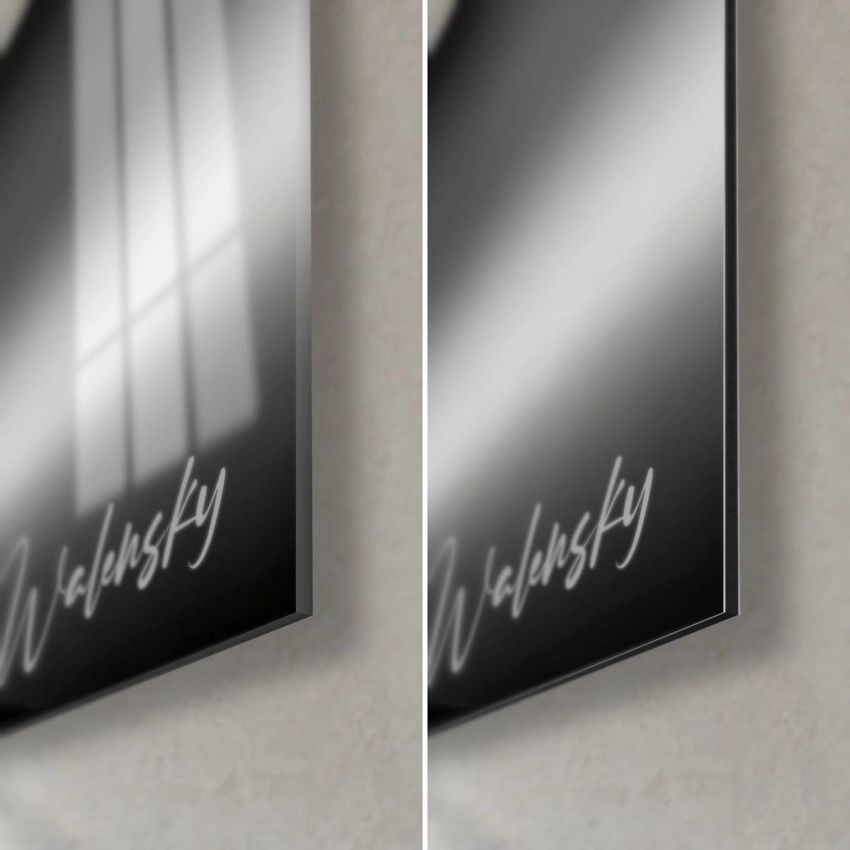 Wall art with a flowing silver silk design, bottom right corner: glossy black acrylic glass reflecting the window, matte grey Dibond, 3 mm edge