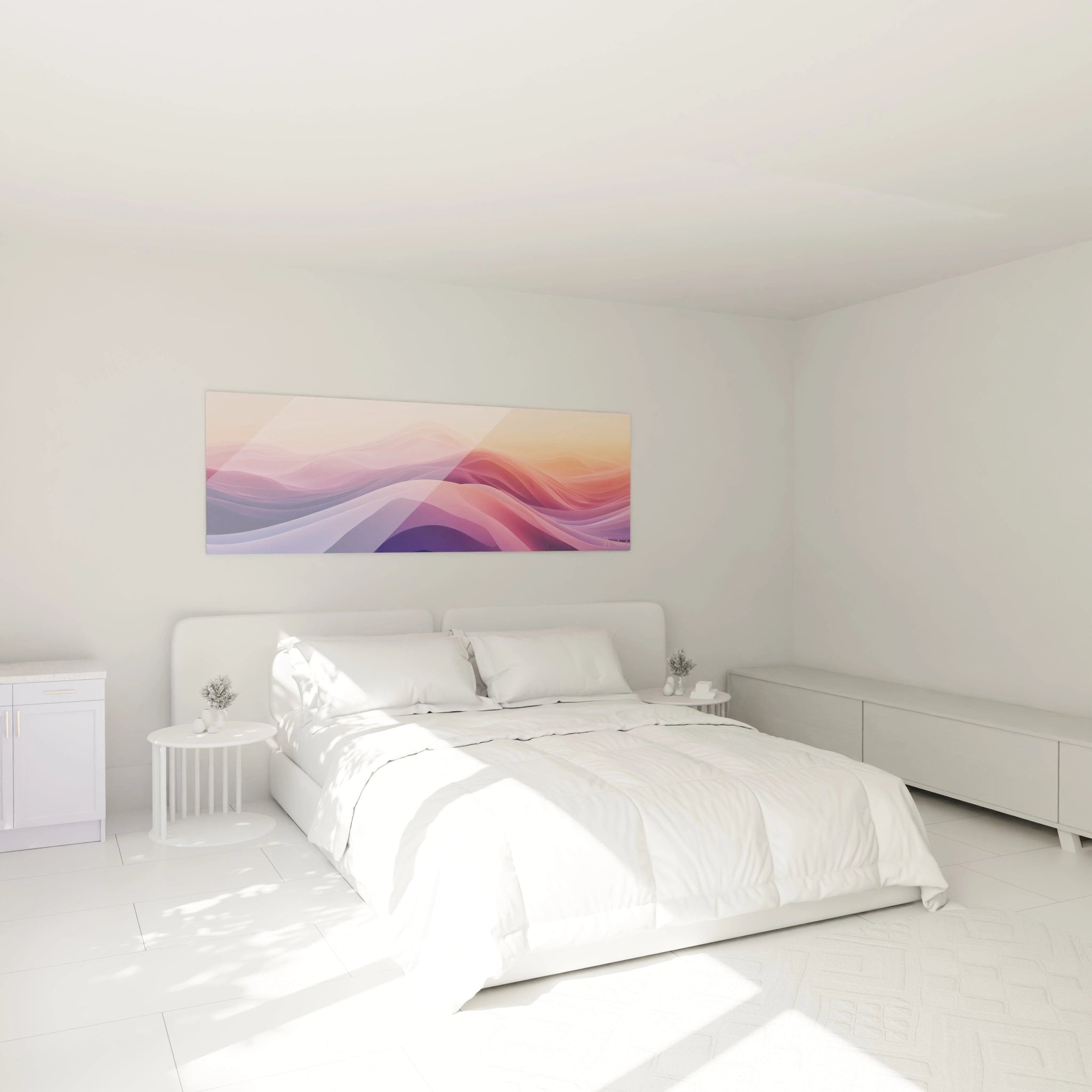Tableau minimaliste abstrait de Walensky sur le mur d'une chambre claire aux teintes douces