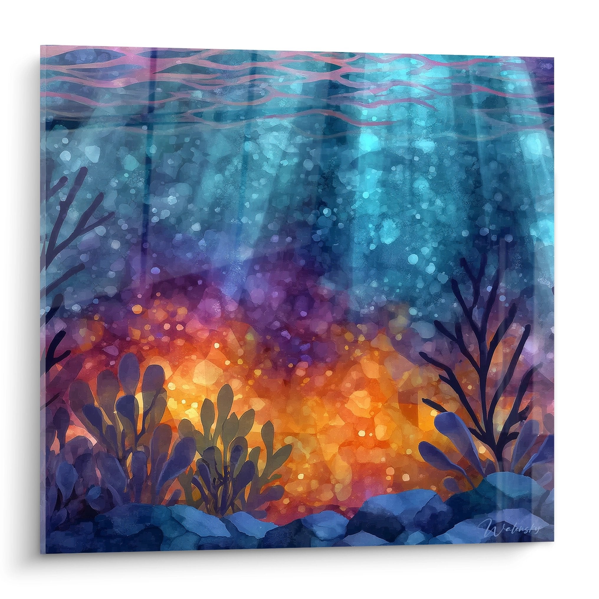 Tableau mural fond marin abstrait avec lumière dorée et végétation aquatique stylisée