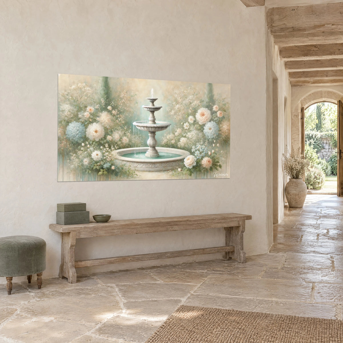 Tableau jardin romantique en aquarelle, bassin turquoise pâle et pivoines pêche, face à un banc en bois, maison de campagne en pierre