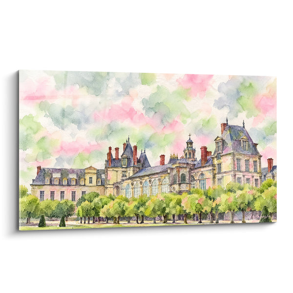 Tableau Château rose et vert aux cheminées de brique - Allée d'arbres taillés - Edition Fontainebleau Île-de-France