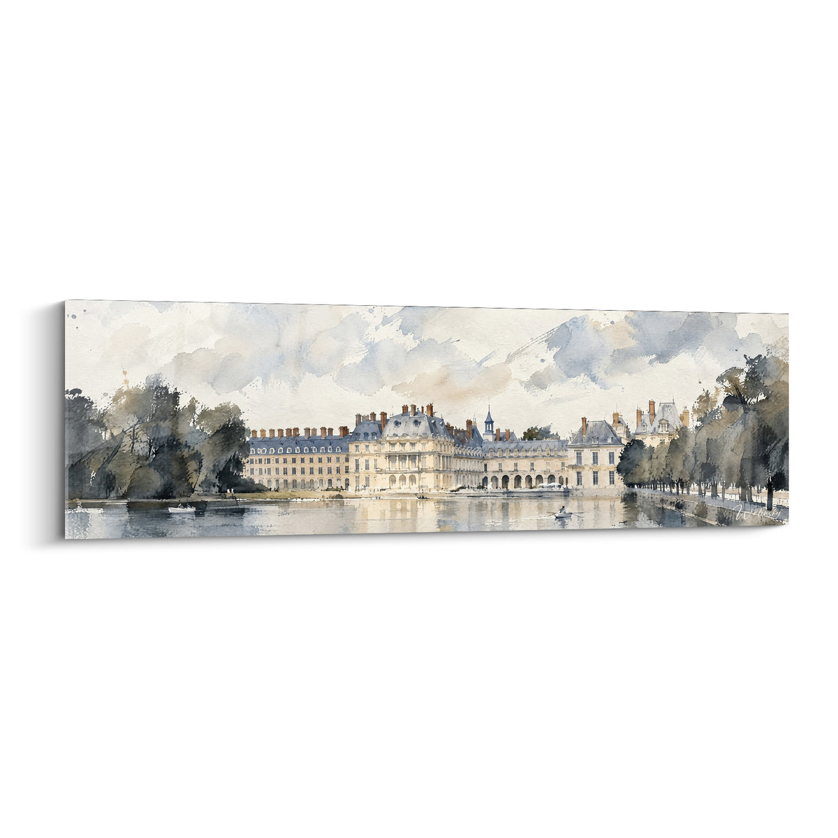 Château beige et bleu ardoise reflété dans un étang, aquarelle panoramique aux tons doux