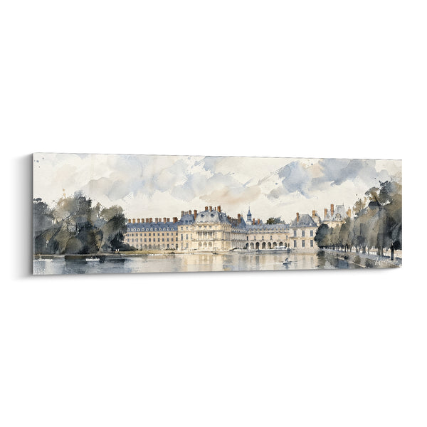 Painting Castle in Beige and Blue by the Pond - Morning Mist - Fontainebleau Edition Île-de-France