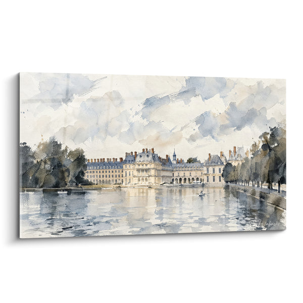 Tableau Château gris et beige aux ciel nuageux - Barque solitaire sur l'eau - Edition Fontainebleau Île-de-France