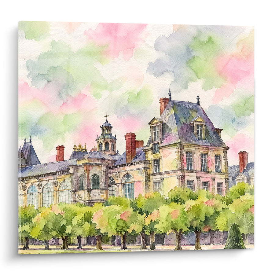 Tableau Château rosé et vert ciel pastel - Songe printanier - Edition Fontainebleau Île-de-France
