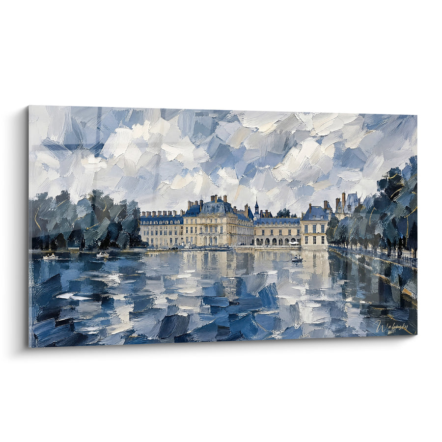 Tableau Château au bord d'un étang bleu - Quiétude royale - Edition Fontainebleau Île-de-France