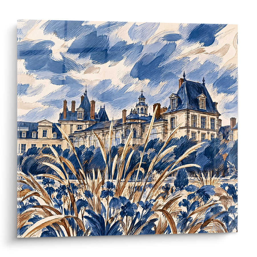 Tableau Château bleu et doré aux hautes herbes - Songe royal - Edition Fontainebleau Île-de-France