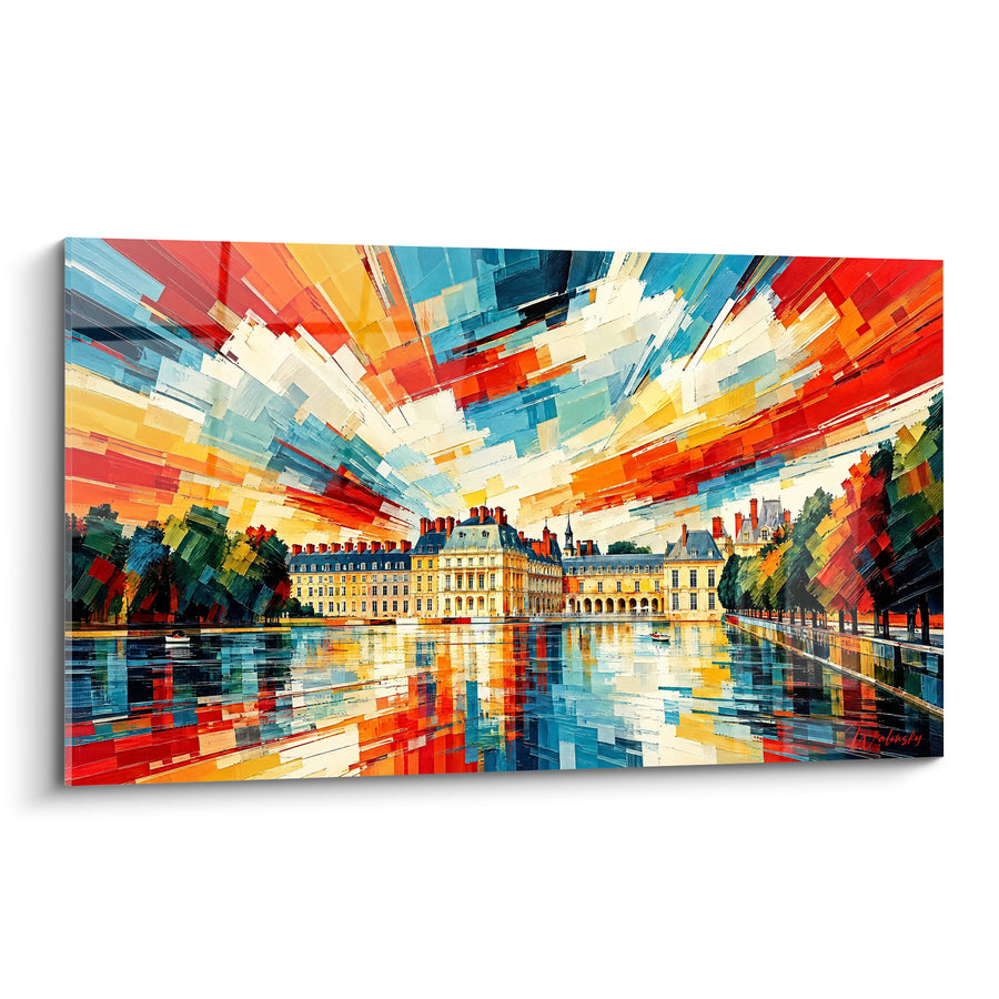 Tableau Château bleu et rouge au bord de l'étang - Embrasement du ciel - Edition Fontainebleau Île-de-France