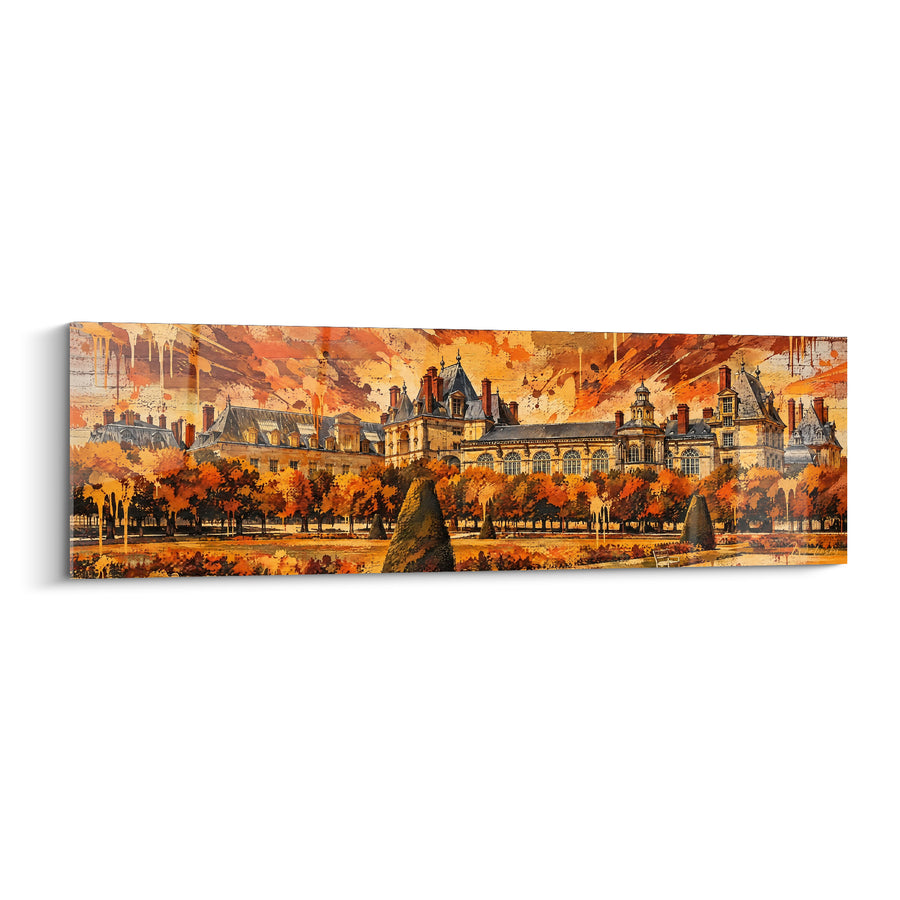 Tableau Château orangé et brun aux ifs taillés coniques - Jardin à la française - Edition Fontainebleau Île-de-France