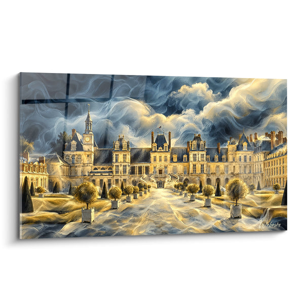 Tableau Château doré aux nuées bleu nuit tourbillonnantes - Orage sur la cour royale - Edition Fontainebleau Île-de-France